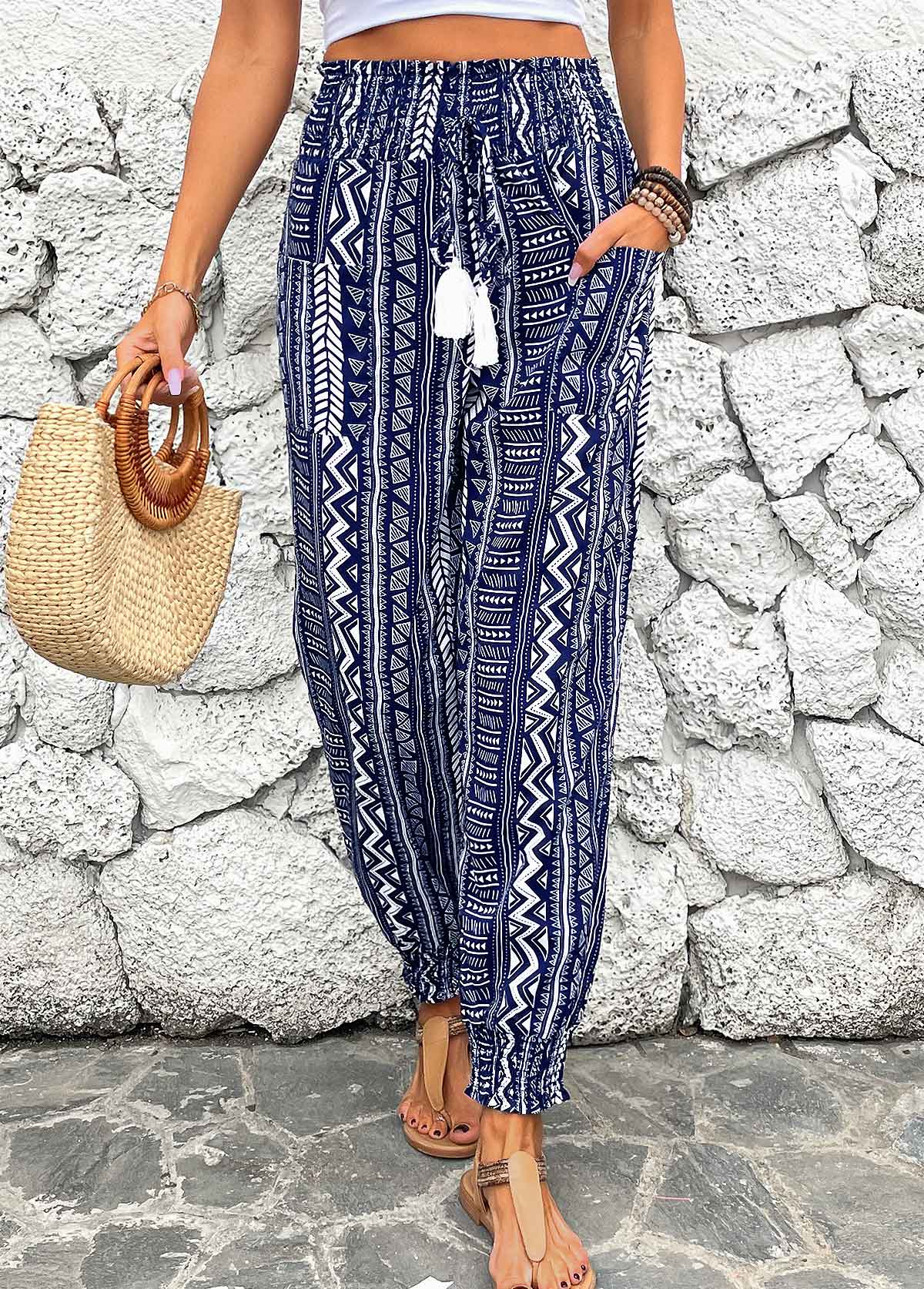 Navy bottoms,Geometric bottoms,Smocked Geometric Print Navy Jogger Elastic Waist Pants