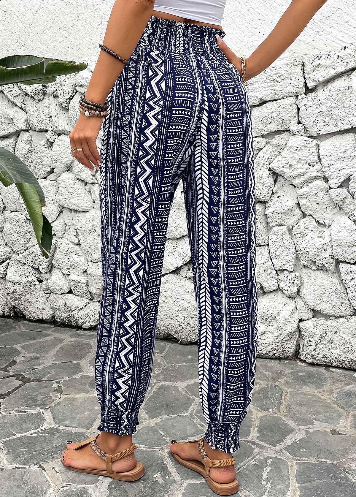 Navy bottoms,Geometric bottoms,Smocked Geometric Print Navy Jogger Elastic Waist Pants