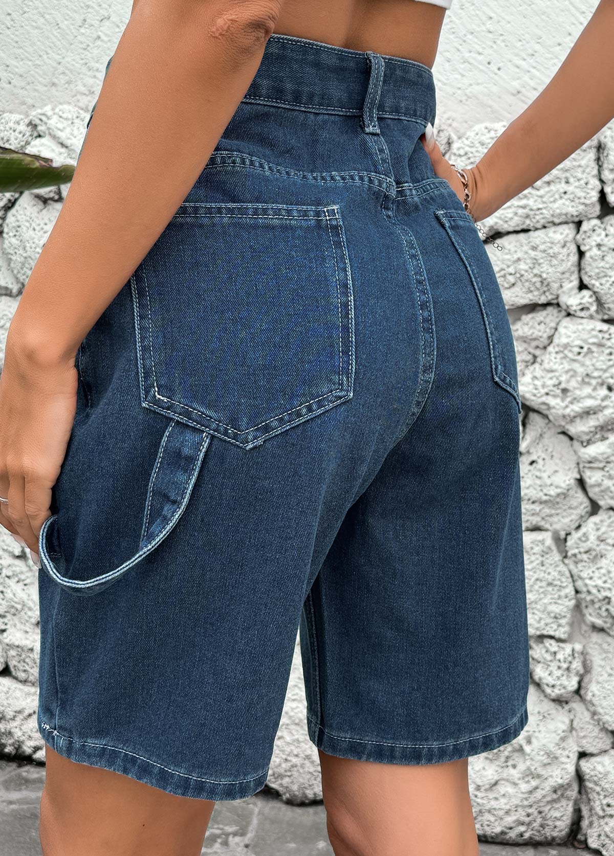 Denim Blue bottoms,Plain Color bottoms,Button Denim Blue High Waisted Shorts