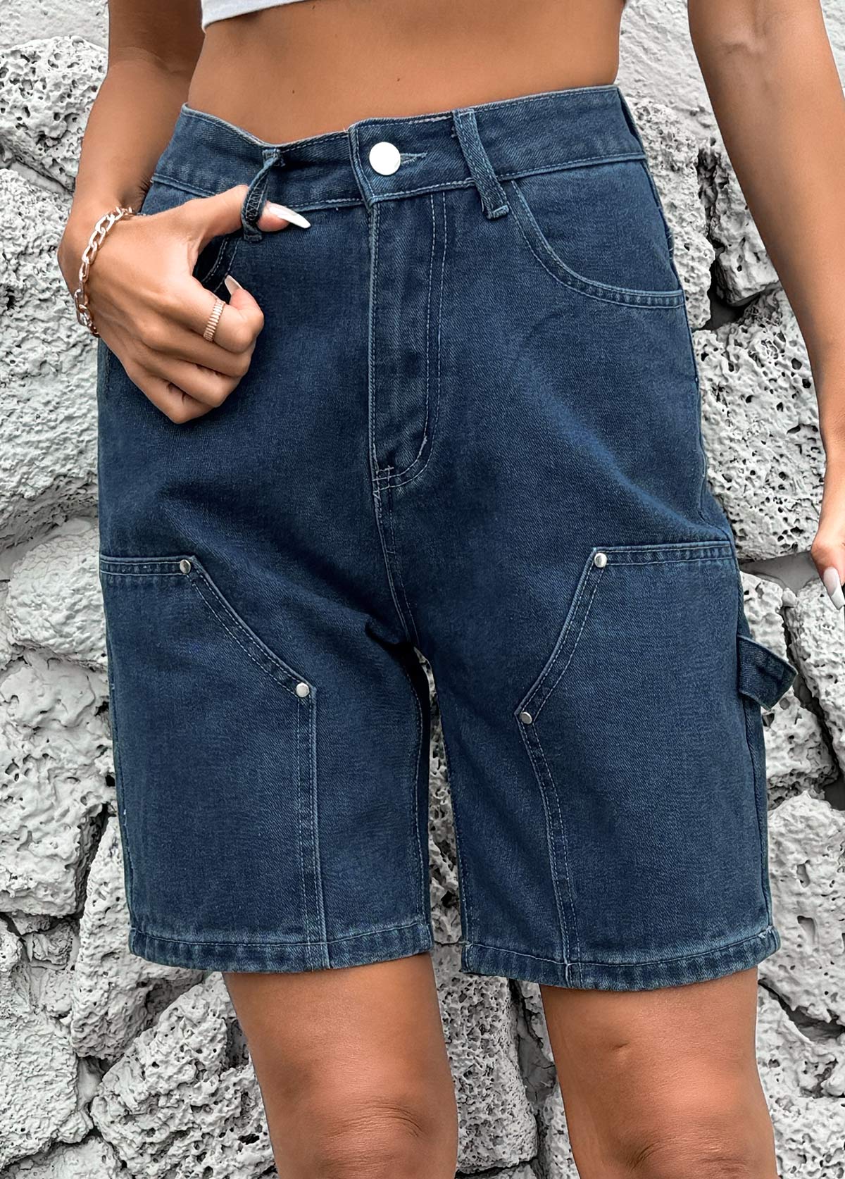Denim Blue bottoms,Plain Color bottoms,Button Denim Blue High Waisted Shorts