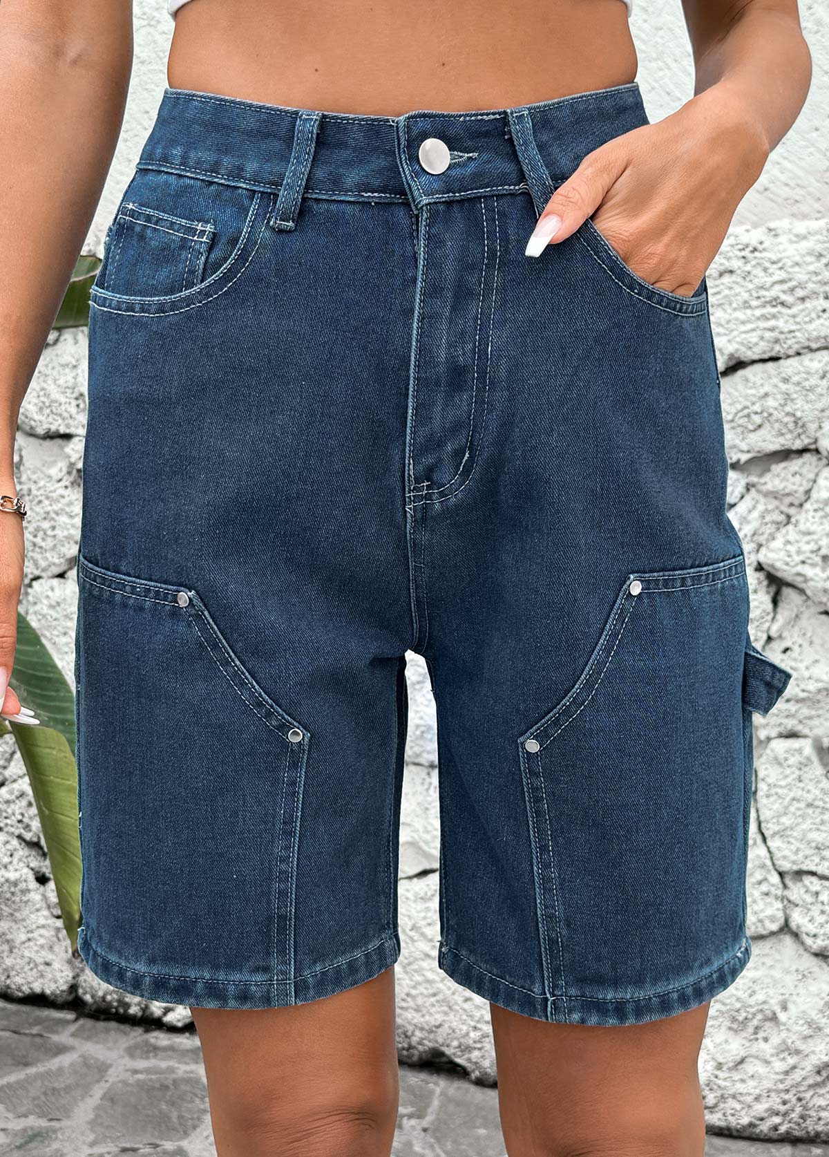 Denim Blue bottoms,Plain Color bottoms,Button Denim Blue High Waisted Shorts