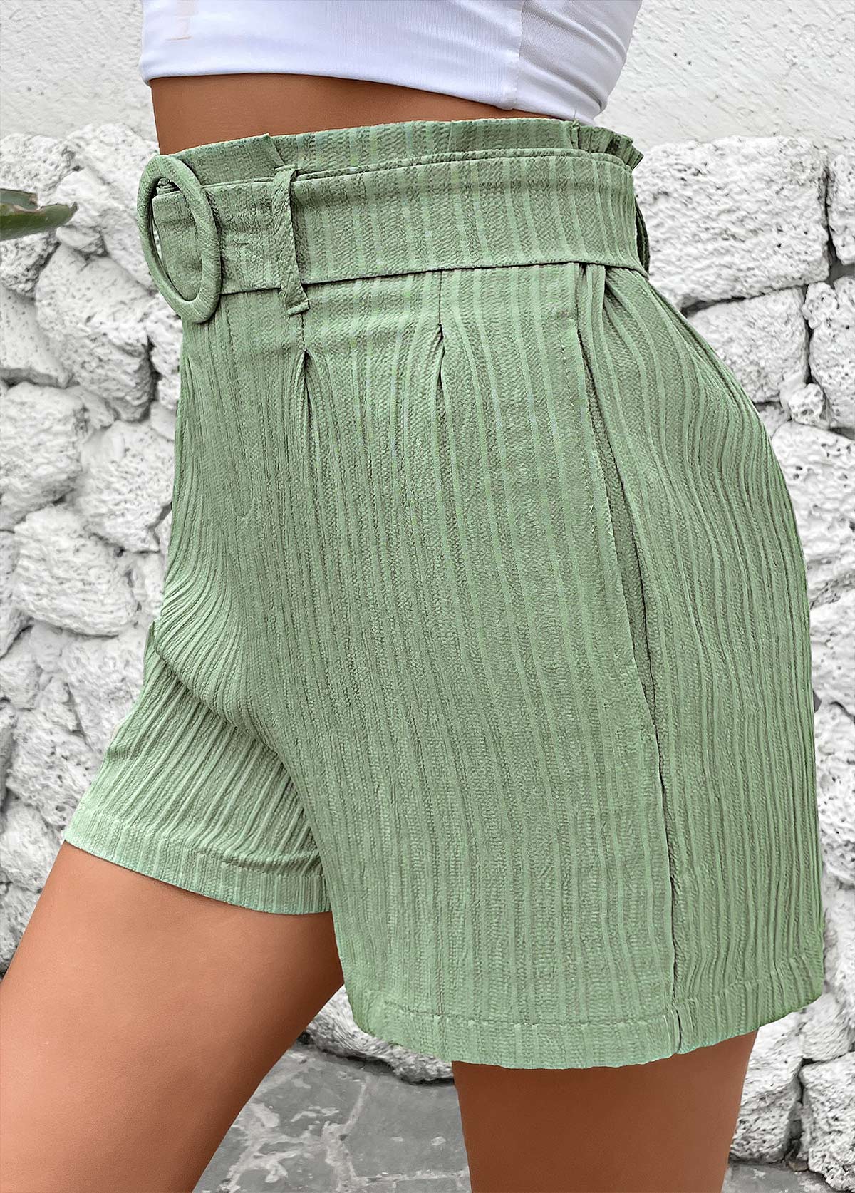 Green bottoms,Plain Color bottoms,Green Elastic Waist Mid Waisted Shorts