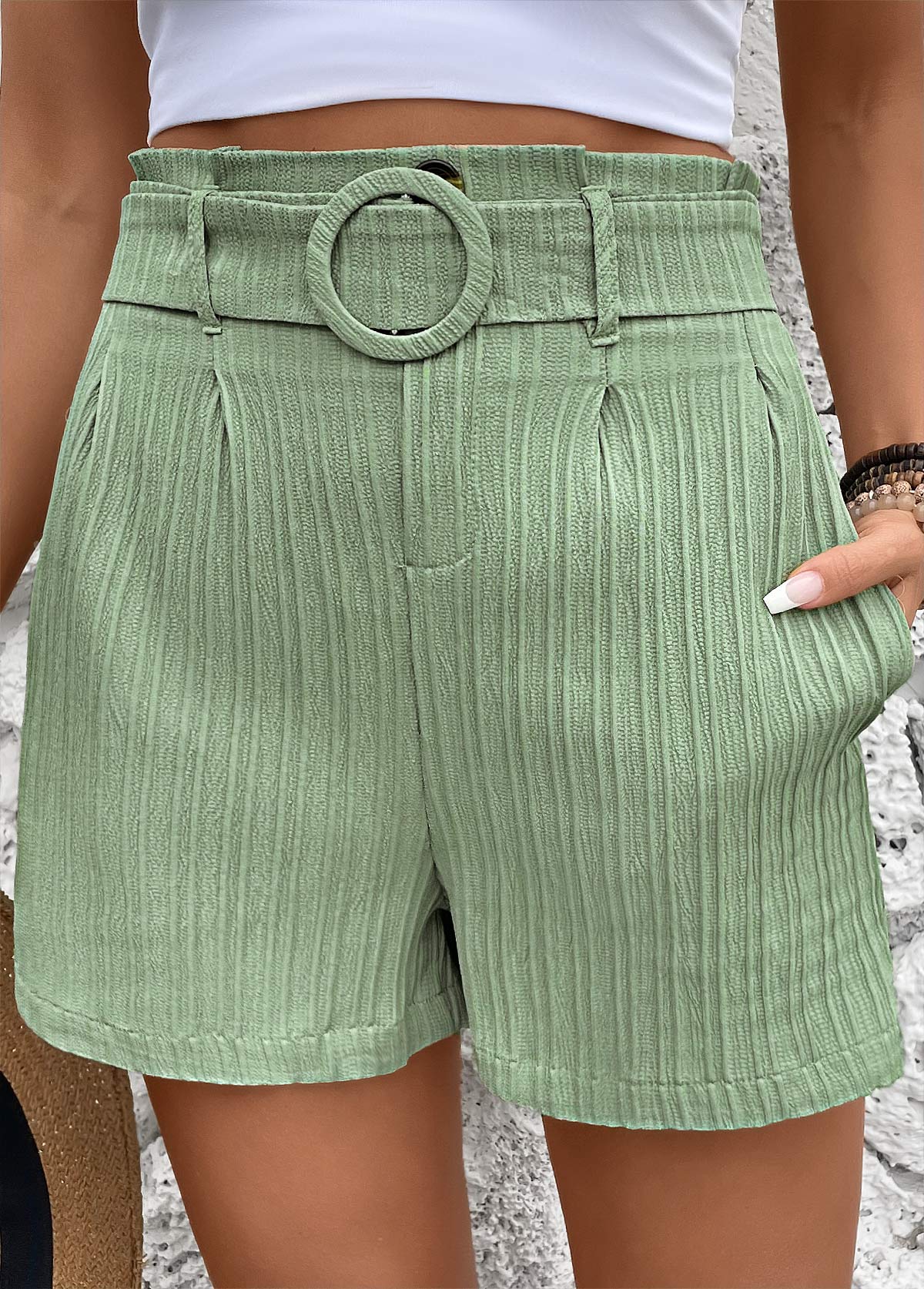 Green bottoms,Plain Color bottoms,Green Elastic Waist Mid Waisted Shorts