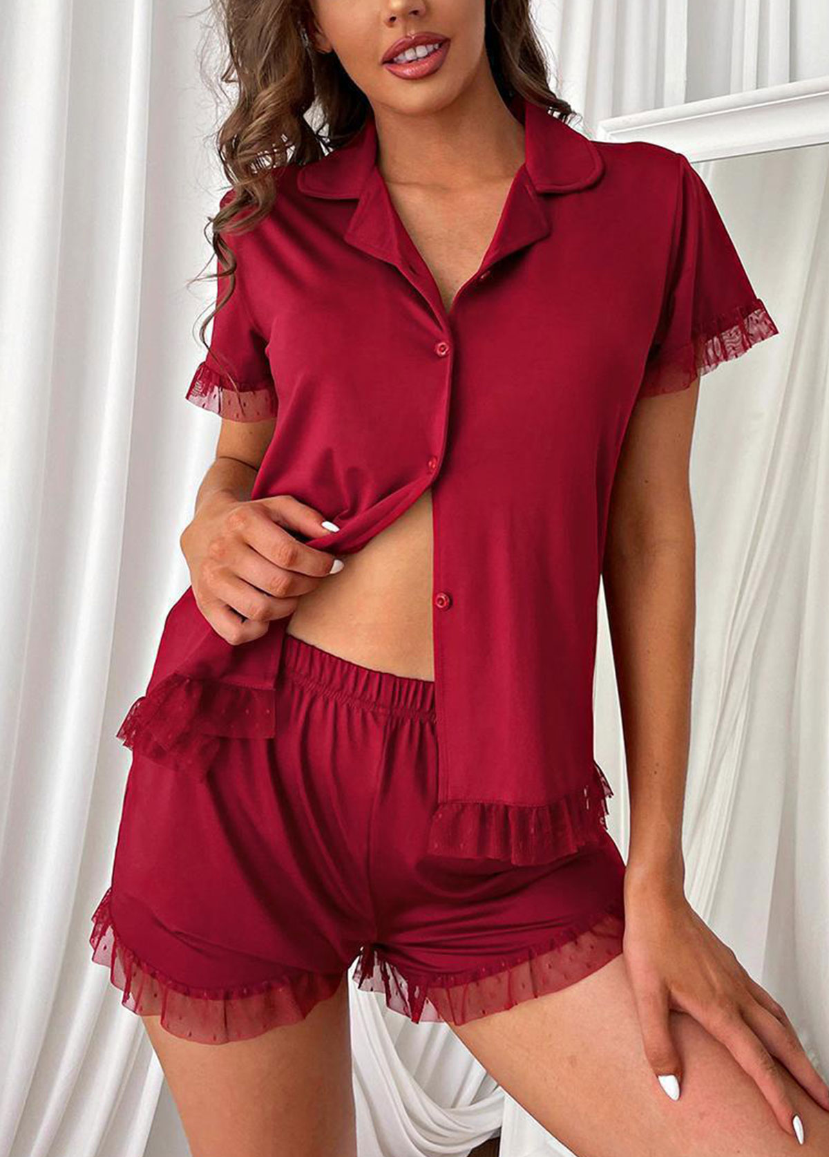 Wine Red loungewear,Plain Color loungewear,Wine Red Lapel Short Sleeve Lounge Top and Shorts