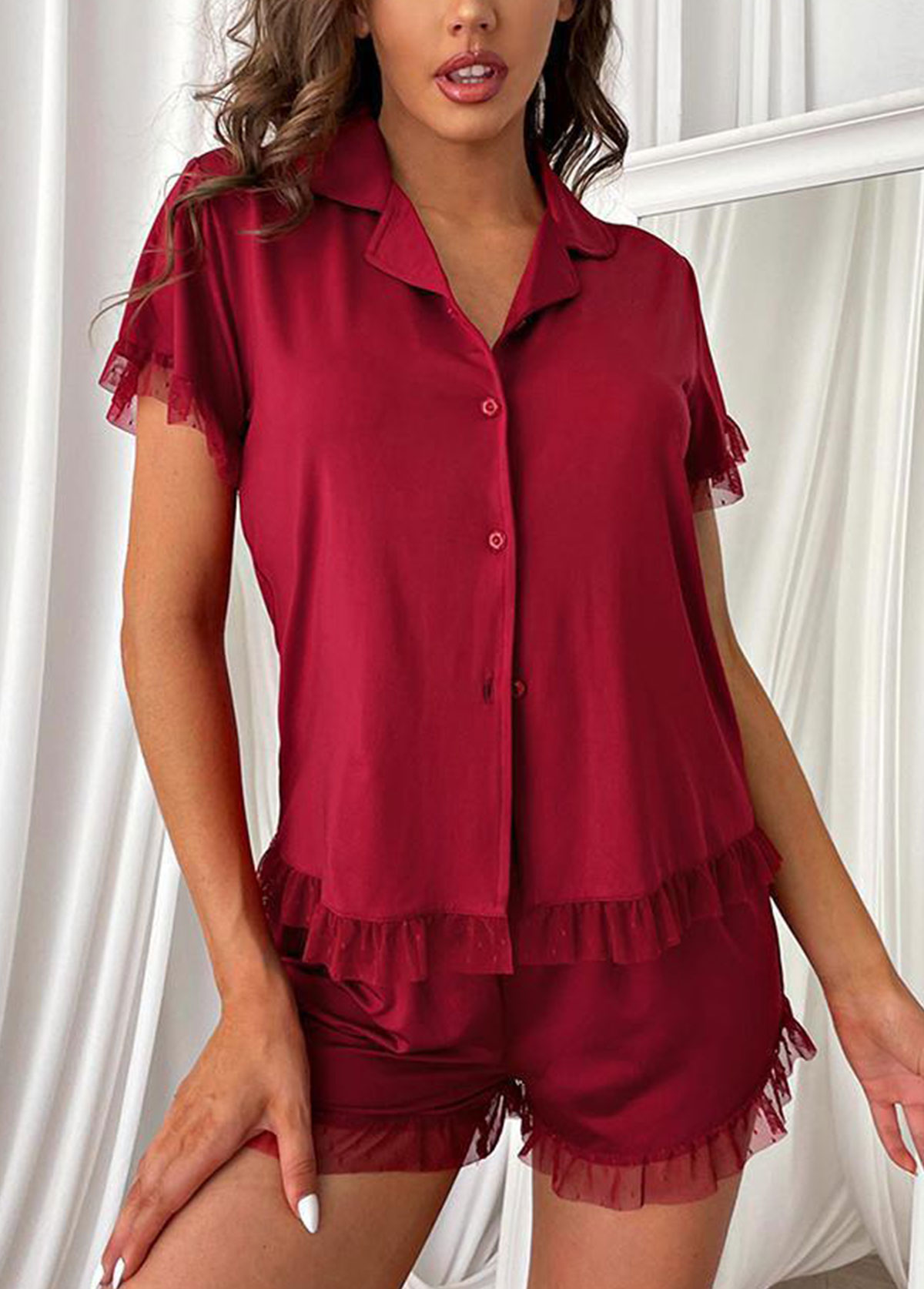 Wine Red loungewear,Plain Color loungewear,Wine Red Lapel Short Sleeve Lounge Top and Shorts