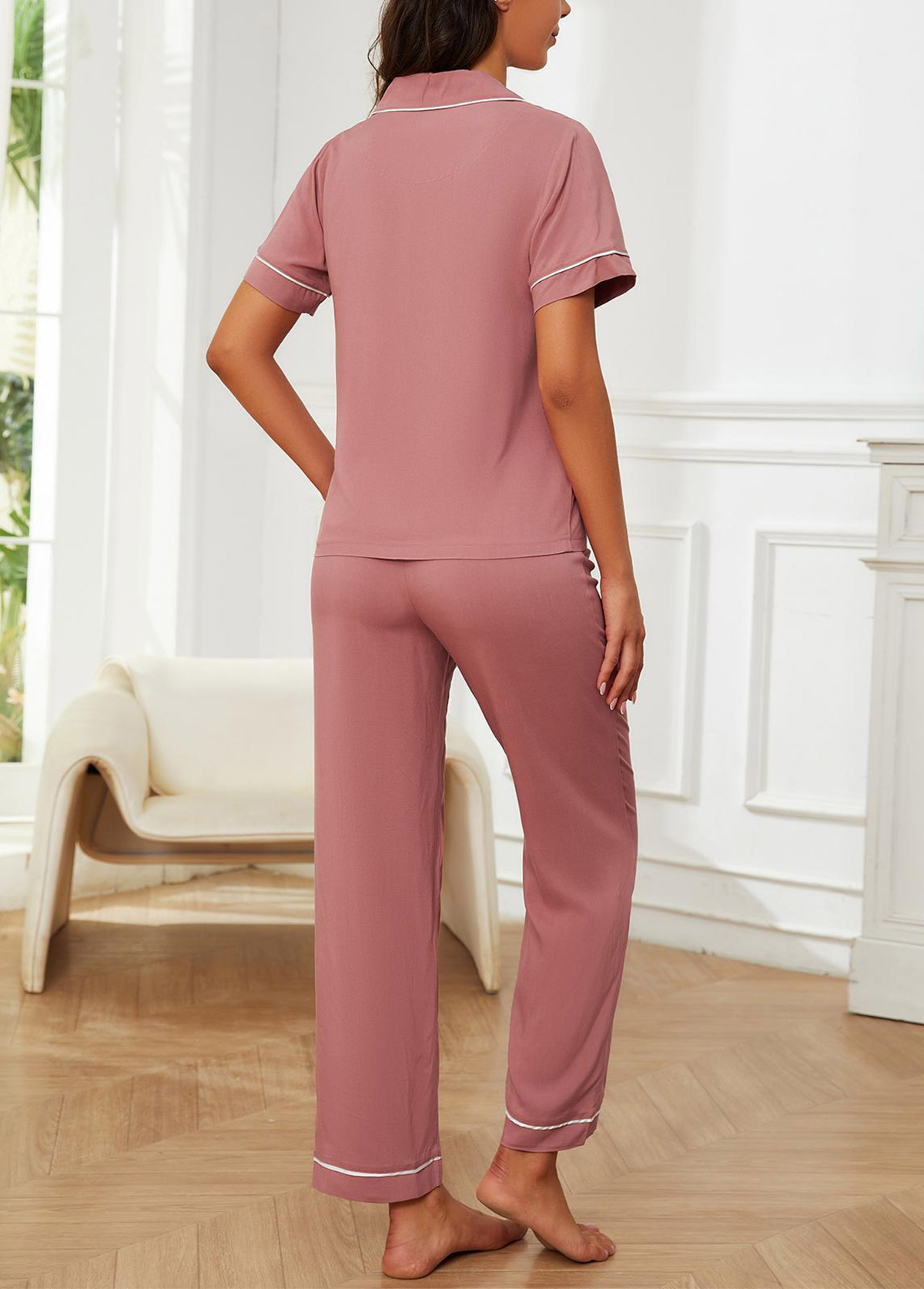 Dusty Pink loungewear,Contrast Color loungewear,Dusty Pink Turn Down Collar Lounge Top and Pants