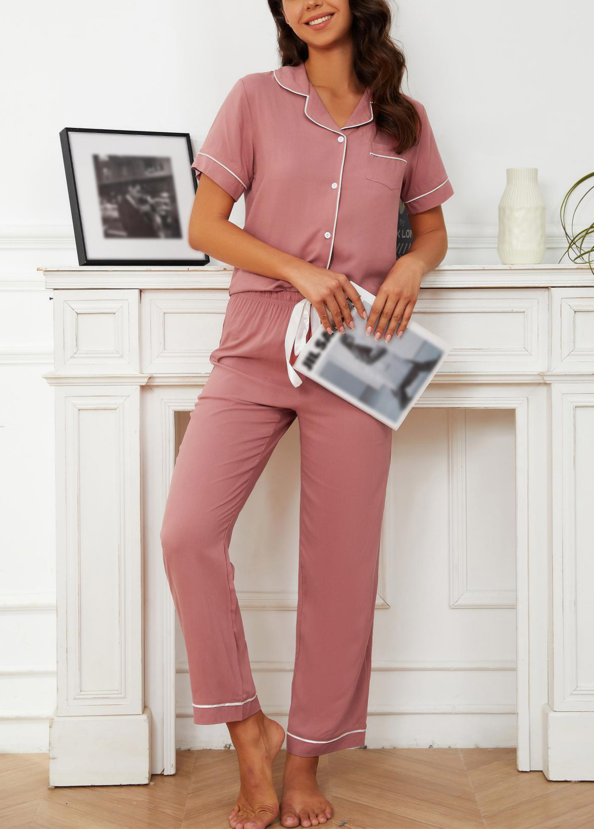 Dusty Pink loungewear,Contrast Color loungewear,Dusty Pink Turn Down Collar Lounge Top and Pants