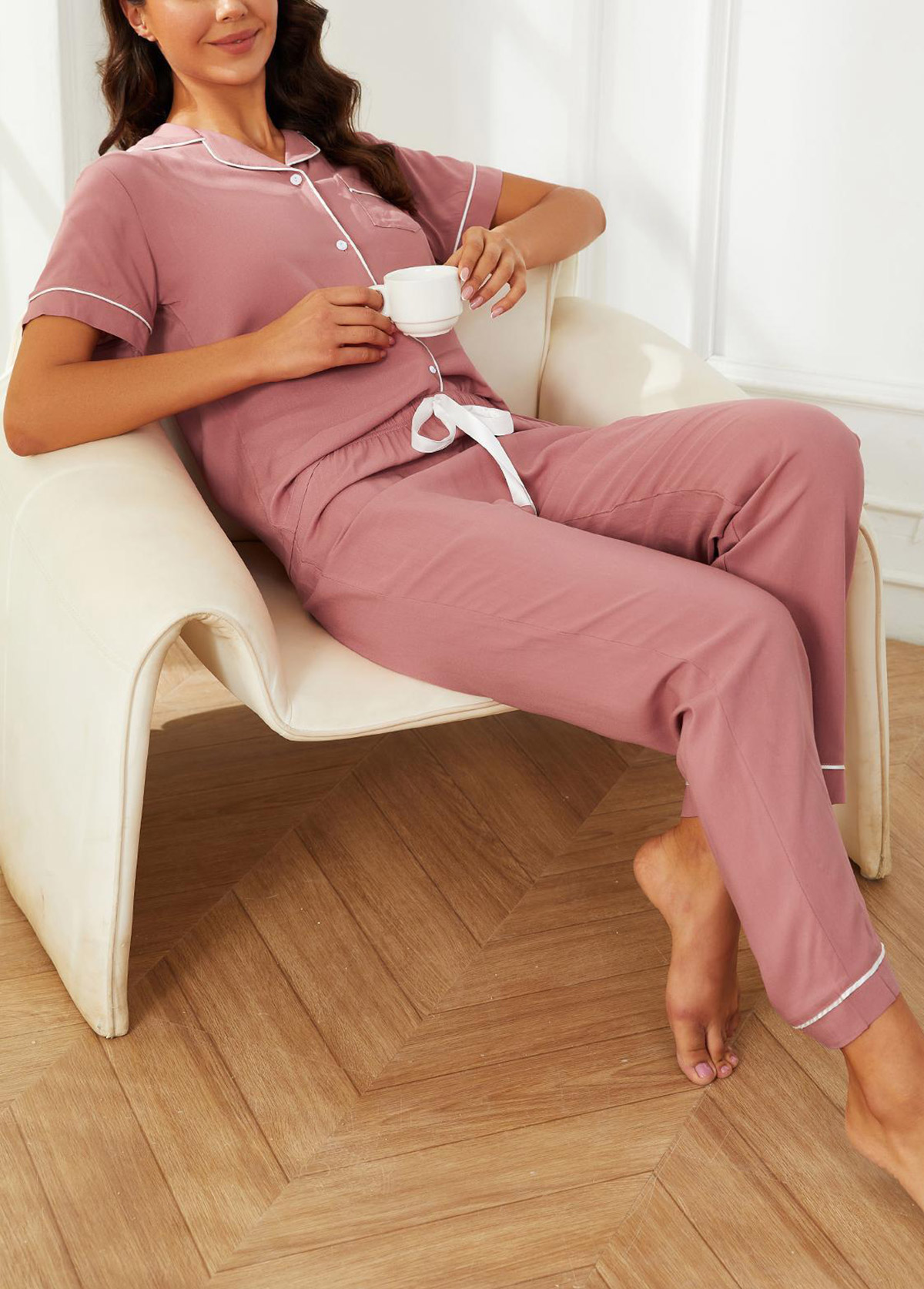 Dusty Pink loungewear,Contrast Color loungewear,Dusty Pink Turn Down Collar Lounge Top and Pants