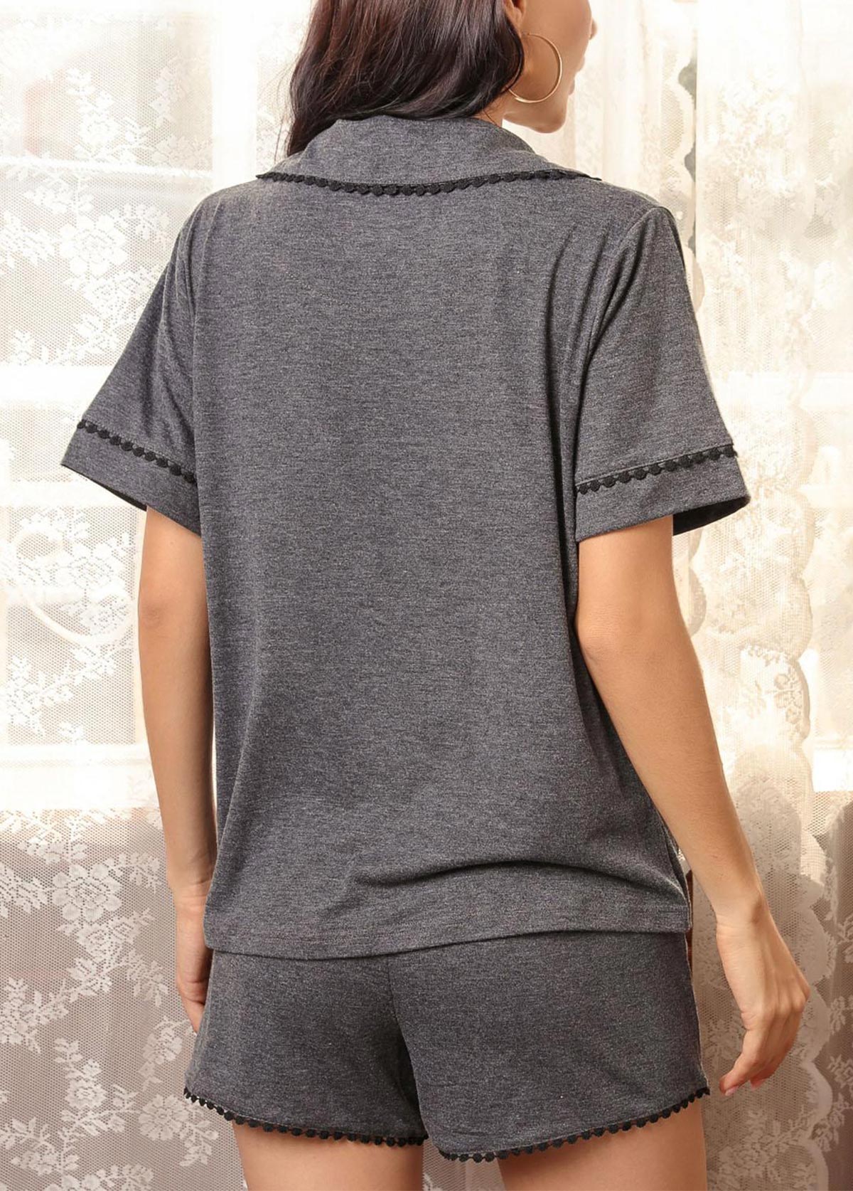 Dark Grey Marl loungewear,Contrast Color loungewear,Dark Grey Marl Lapel Lounge Top and Shorts
