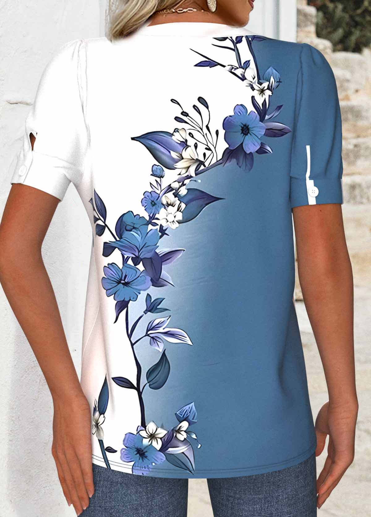 White plus size,Floral plus size,Plants plus size,ROTITA Plus Size Cut Out White Floral Print T Shirt
