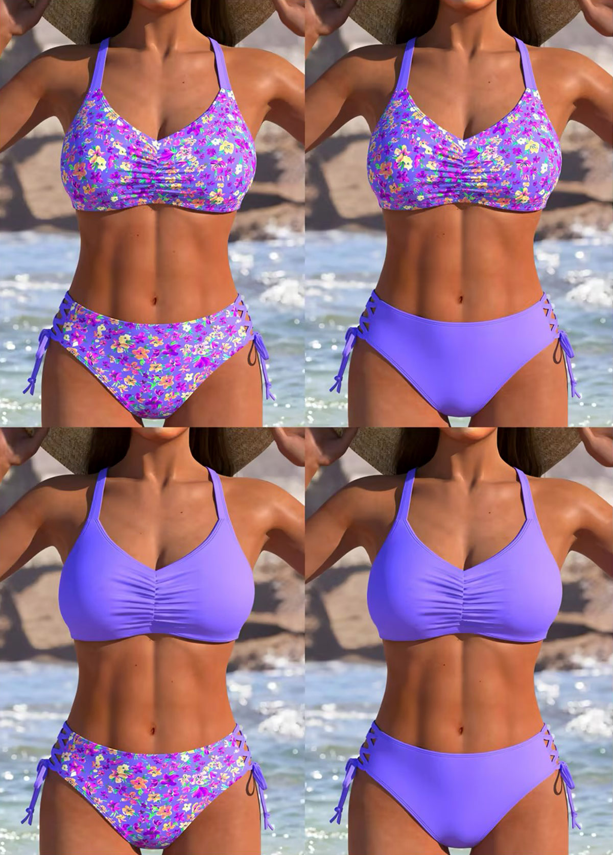 ensemble bikini taille haute réversible violet bleu rotita