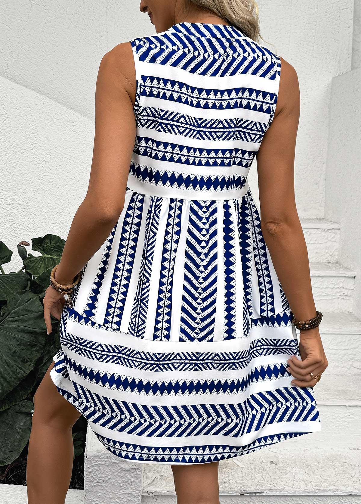 Blue dresses,Tribal dresses,Vacation dresses,Vacation dresses,ROTITA Tribal Print Blue Split Neck Sleeveless Dress