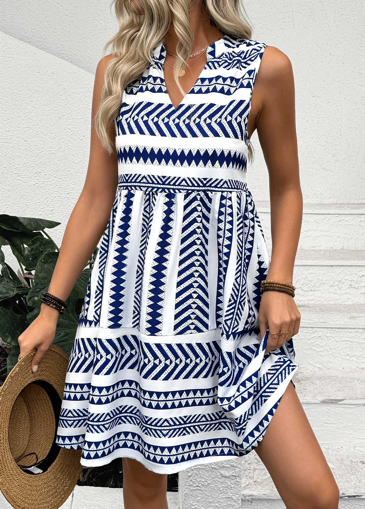 Blue dresses,Tribal dresses,Vacation dresses,Vacation dresses,ROTITA Tribal Print Blue Split Neck Sleeveless Dress