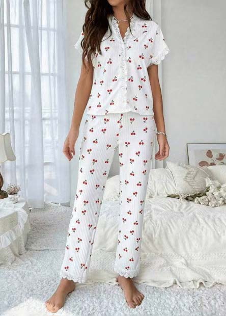 White loungewear,Plants loungewear,ROTITA Fruit Printing White V Neck Lounge Top and Pants