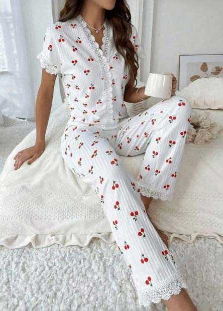 White loungewear,Plants loungewear,ROTITA Fruit Printing White V Neck Lounge Top and Pants