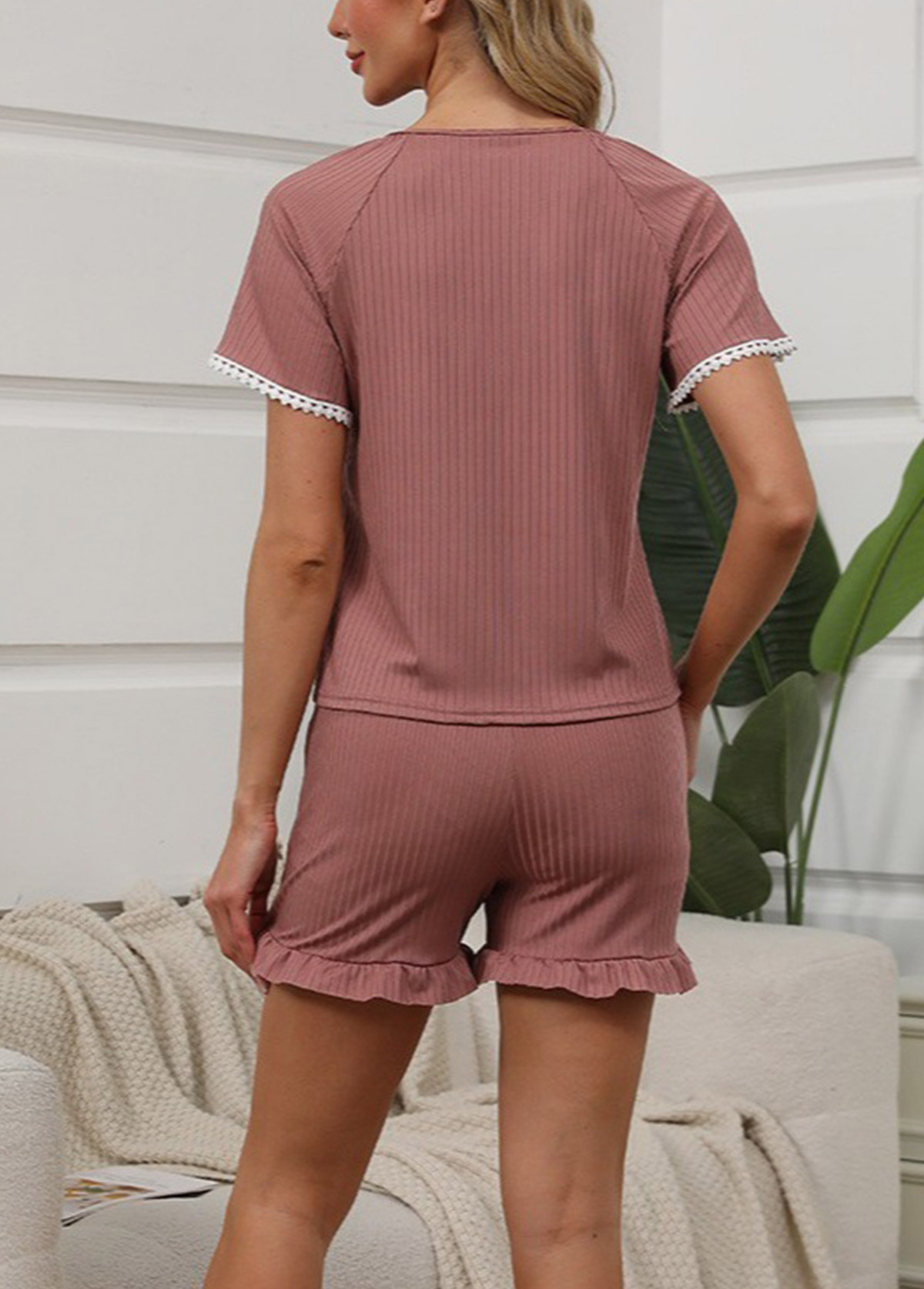 Dark Reddish Purple loungewear,Contrast Color loungewear,Dark Reddish Purple Round Neck Lounge Top and Shorts
