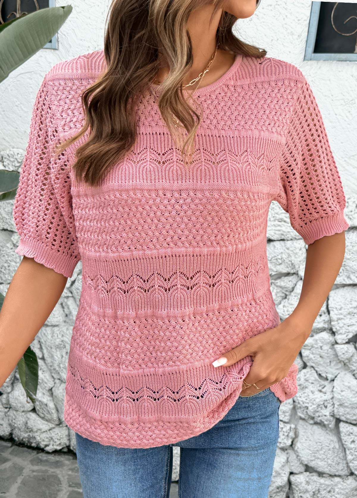 Pink tops,Plain Color tops,Round Neck Short Sleeve Pink Crochet Ladies Top