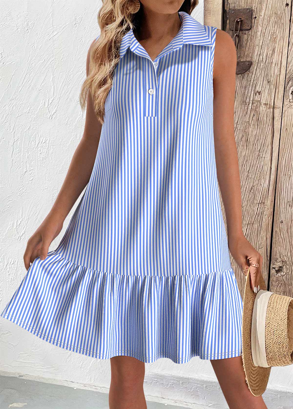 Light Blue dresses,Striped dresses,Geometric dresses,Everyday dresses,Casual dresses,ROTITA Button Striped Light Blue Short A Line Sleeveless Dress