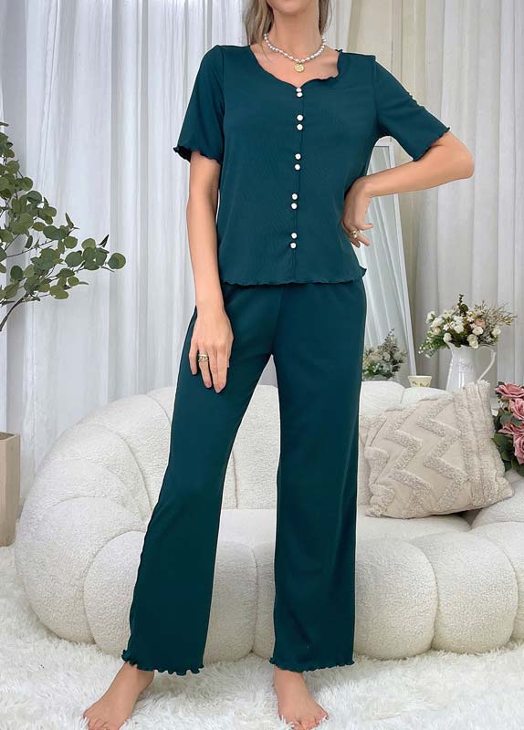 schwarzgrünes Lounge-Top und Hose mit V-Ausschnitt