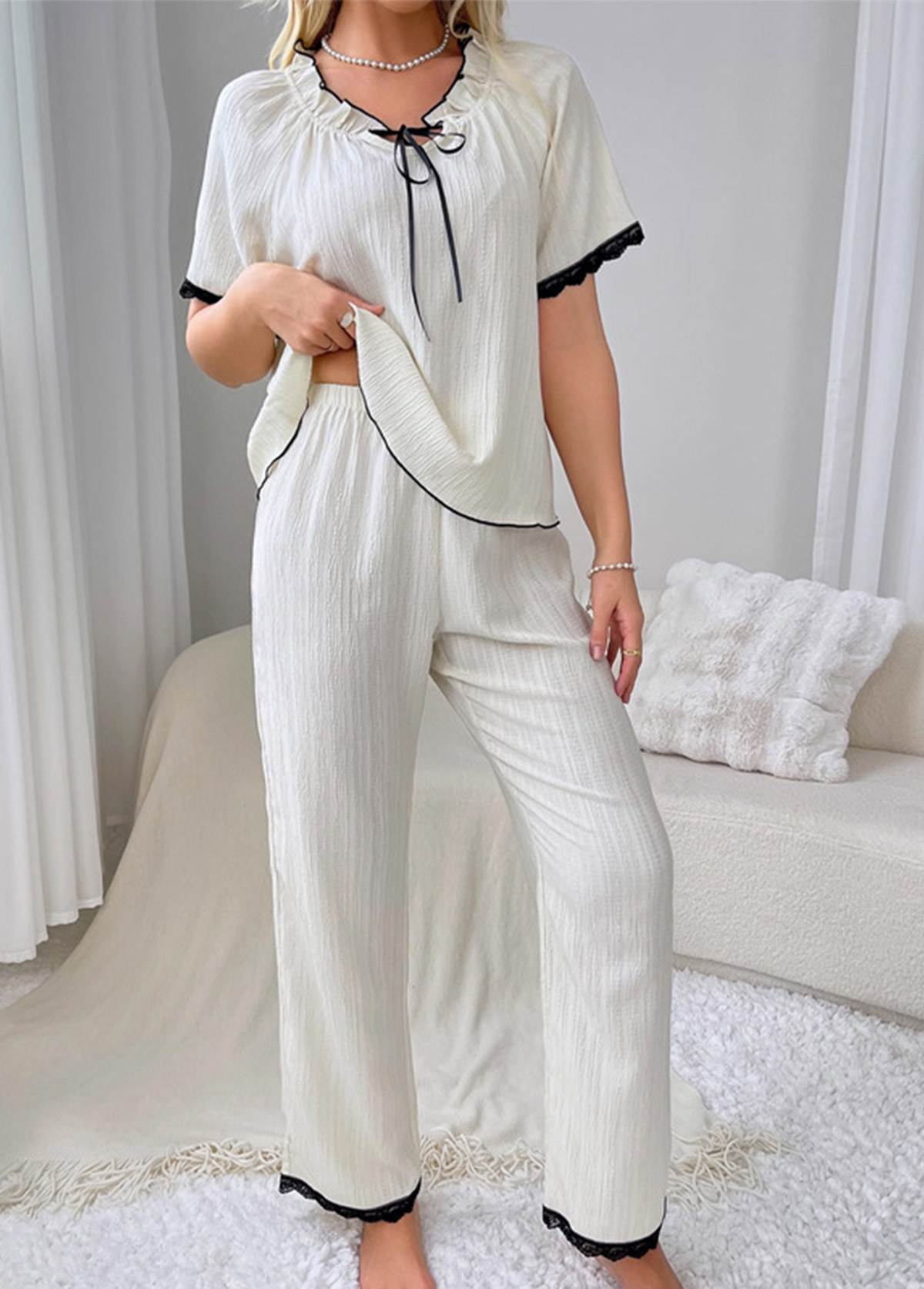 White loungewear,Contrast Color loungewear,White Lace Up Collar Lounge Top and Pants