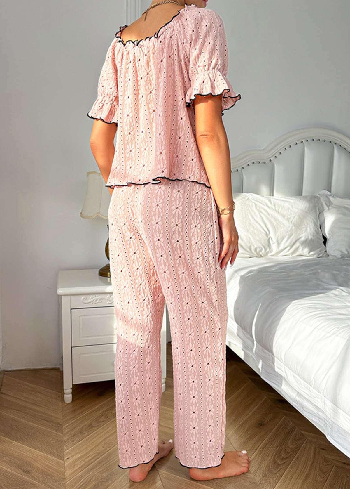 Light Pink loungewear,Contrast Color loungewear,Light Pink Square Neck Lounge Top and Pants