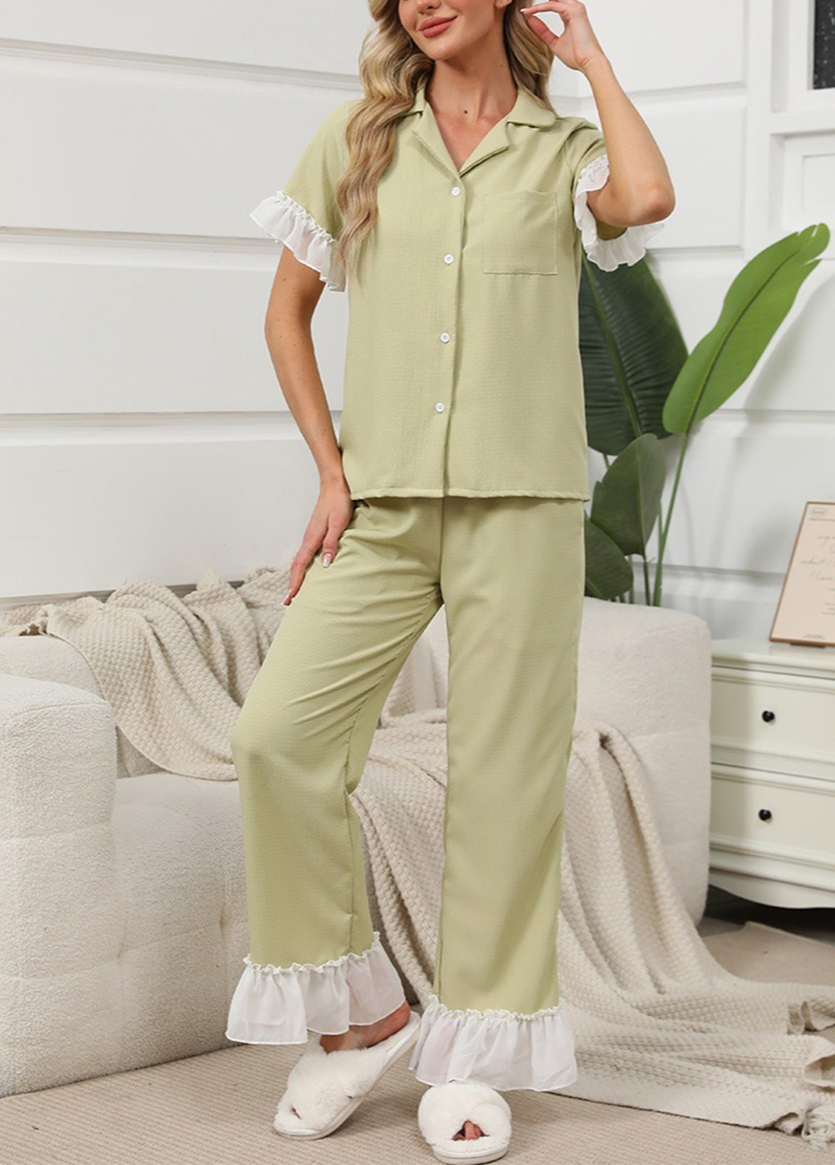 Light Green loungewear,Contrast Color loungewear,Light Green Shirt Collar Lounge Top and Pants