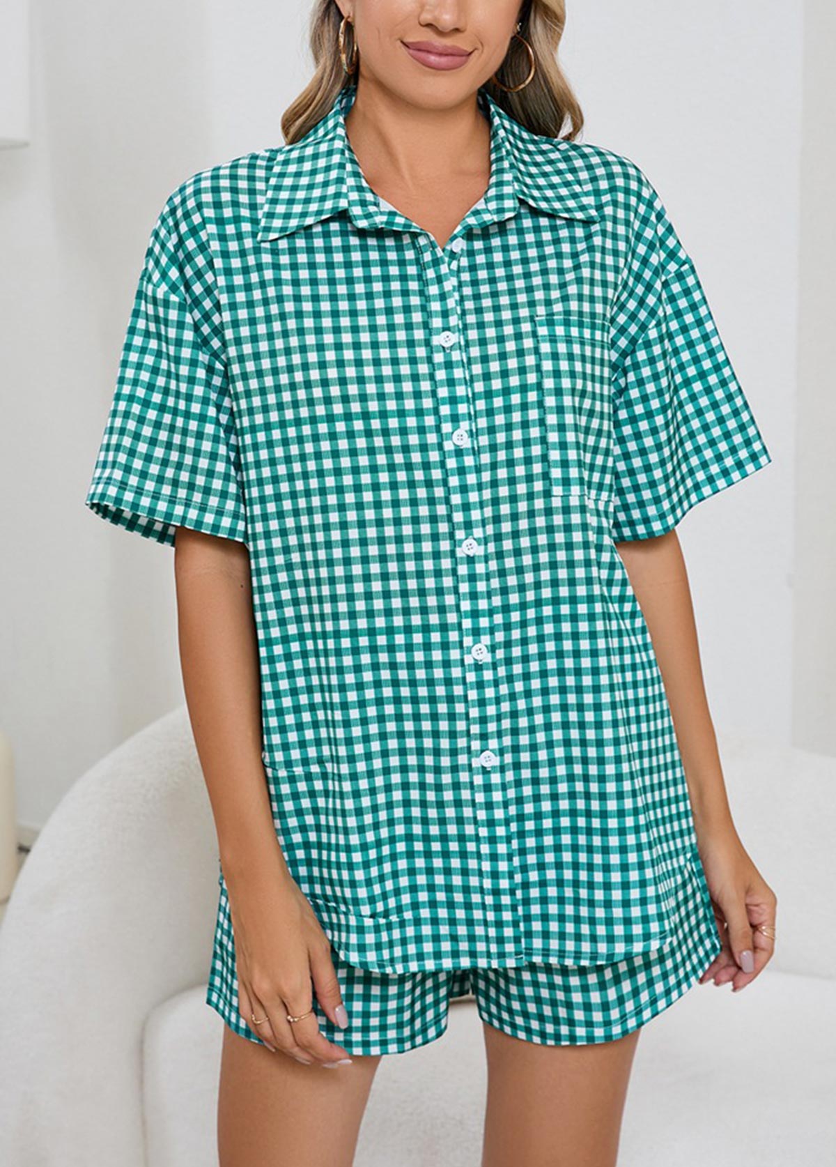 Mint Green loungewear,Plaid loungewear,Geometric loungewear,Plaid Mint Green Shirt Collar Lounge Top and Shorts