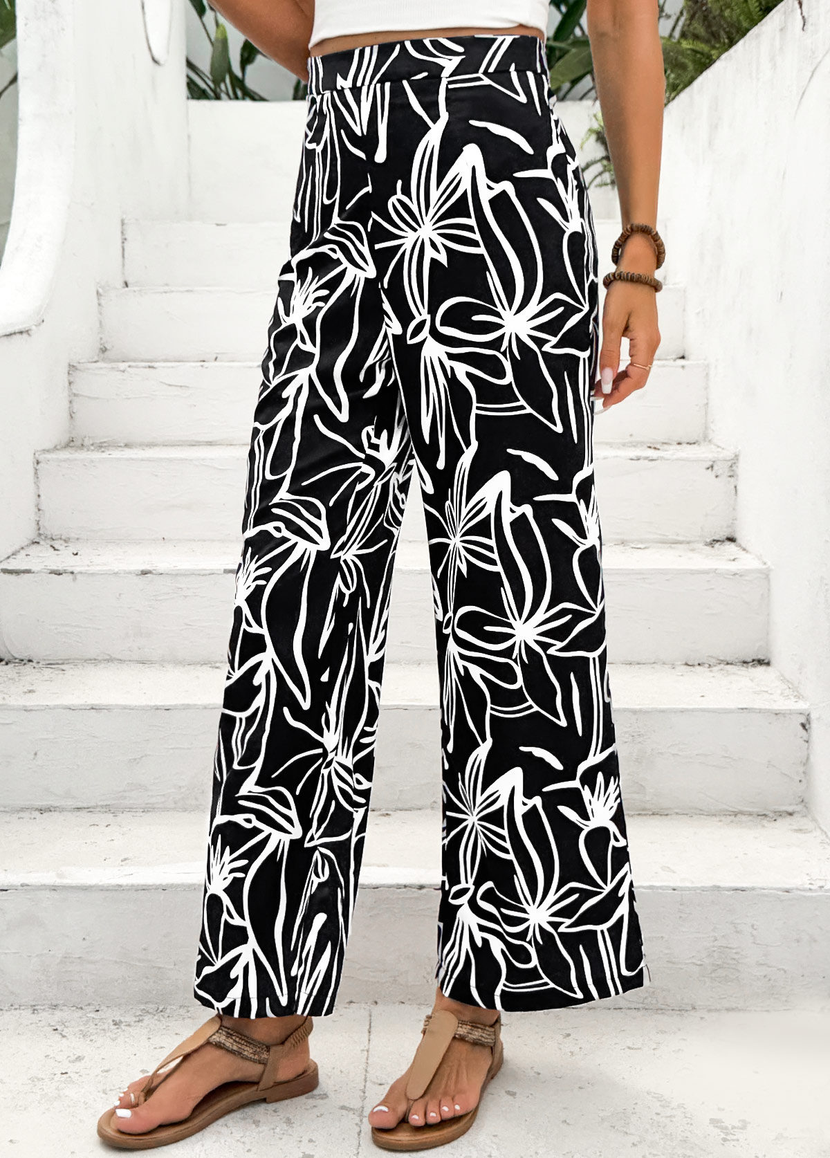 Black bottoms,Plants bottoms,Floral bottoms,Random Floral Print Black Straight Leg Elastic Waist Pants