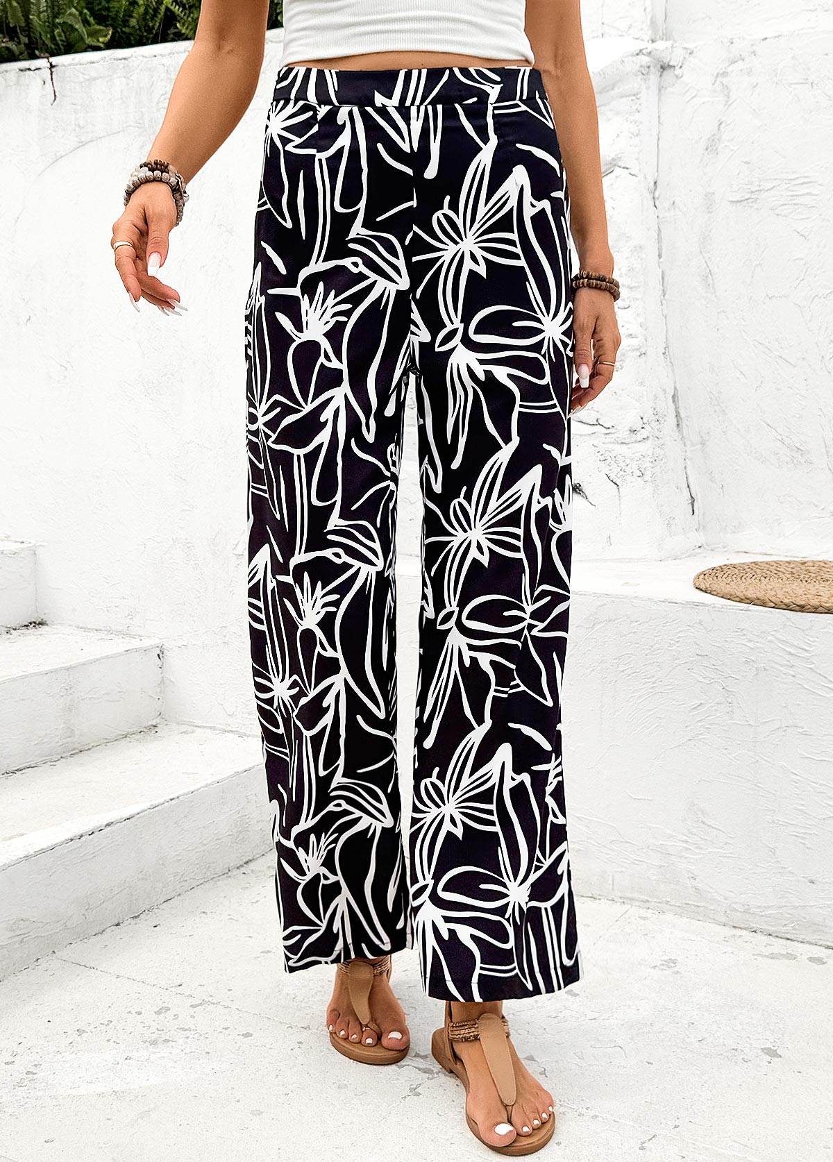 Black bottoms,Plants bottoms,Floral bottoms,Random Floral Print Black Straight Leg Elastic Waist Pants