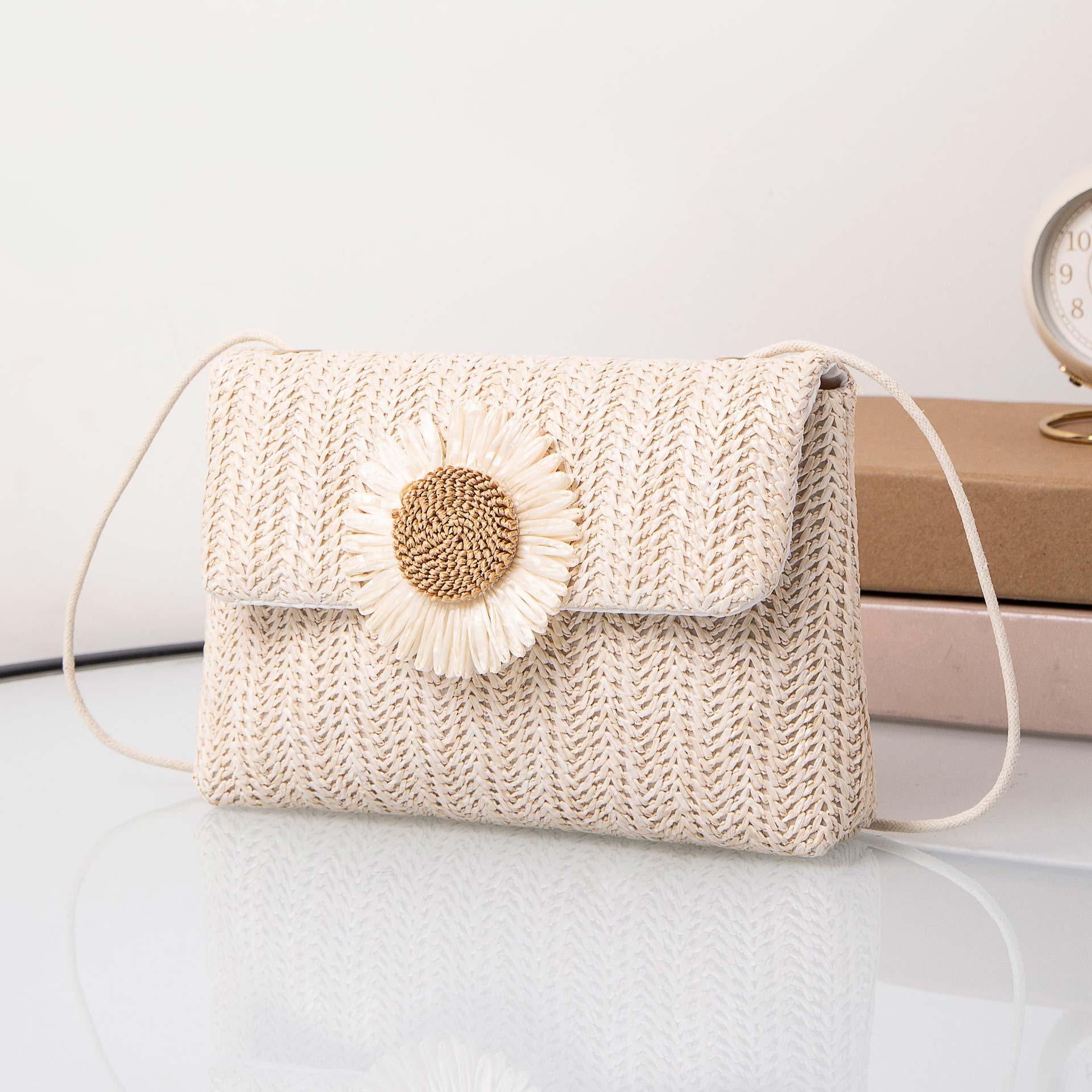 Beige accessories,Plants accessories,Sunflower Print Beige Flowers Hasp Shoulder Bag