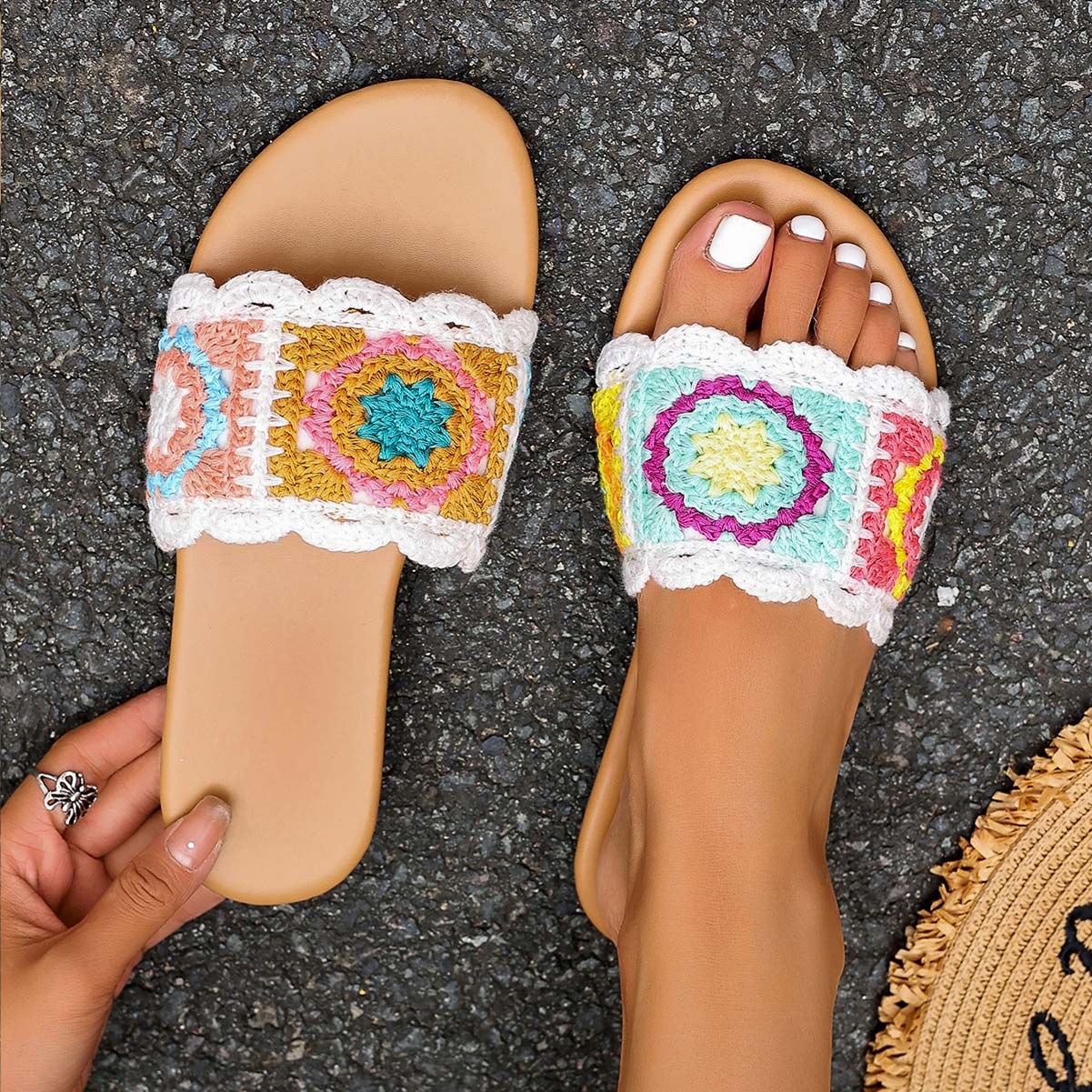 Multi Color shoes,Tribal shoes,Bohemian Print Multi Color Falt Open Toe Sliders