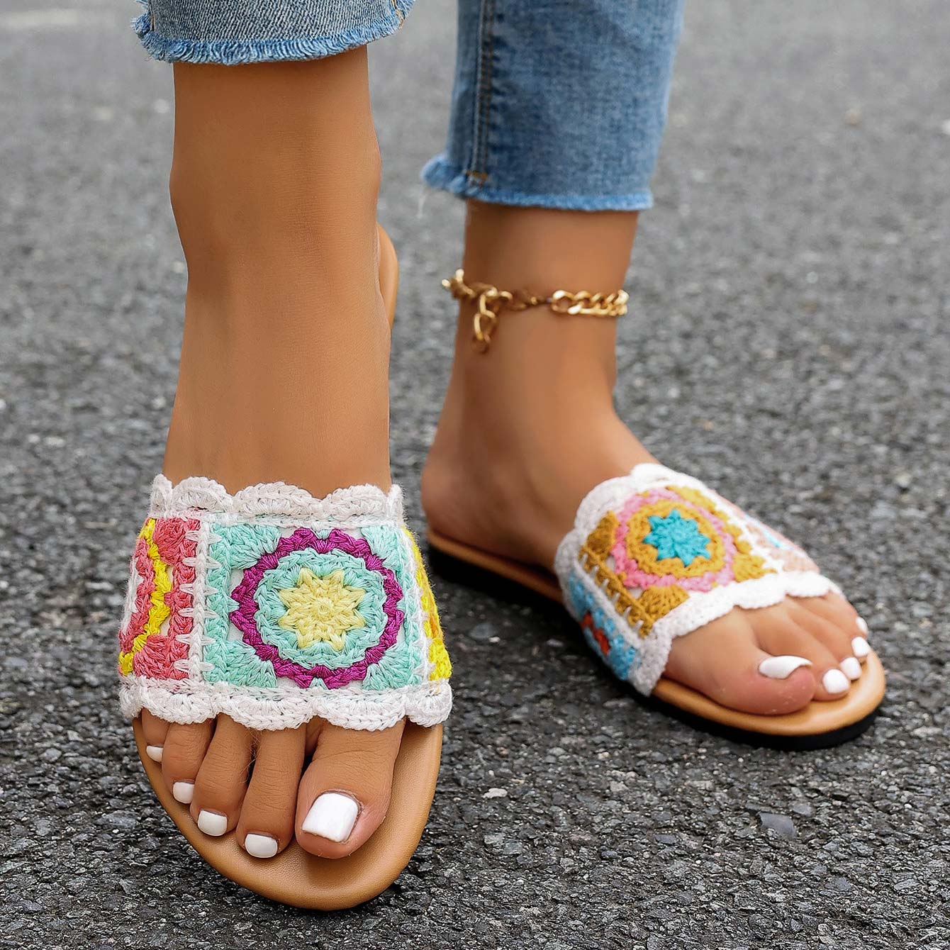 Multi Color shoes,Tribal shoes,Bohemian Print Multi Color Falt Open Toe Sliders