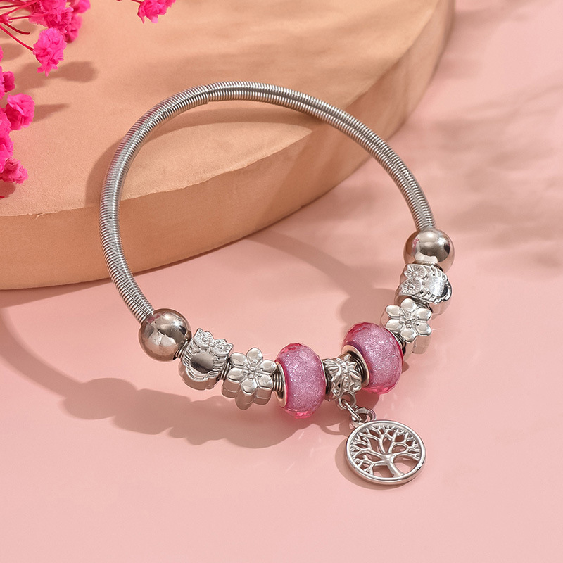bracelet creux en acier inoxydable avec arbre argenté