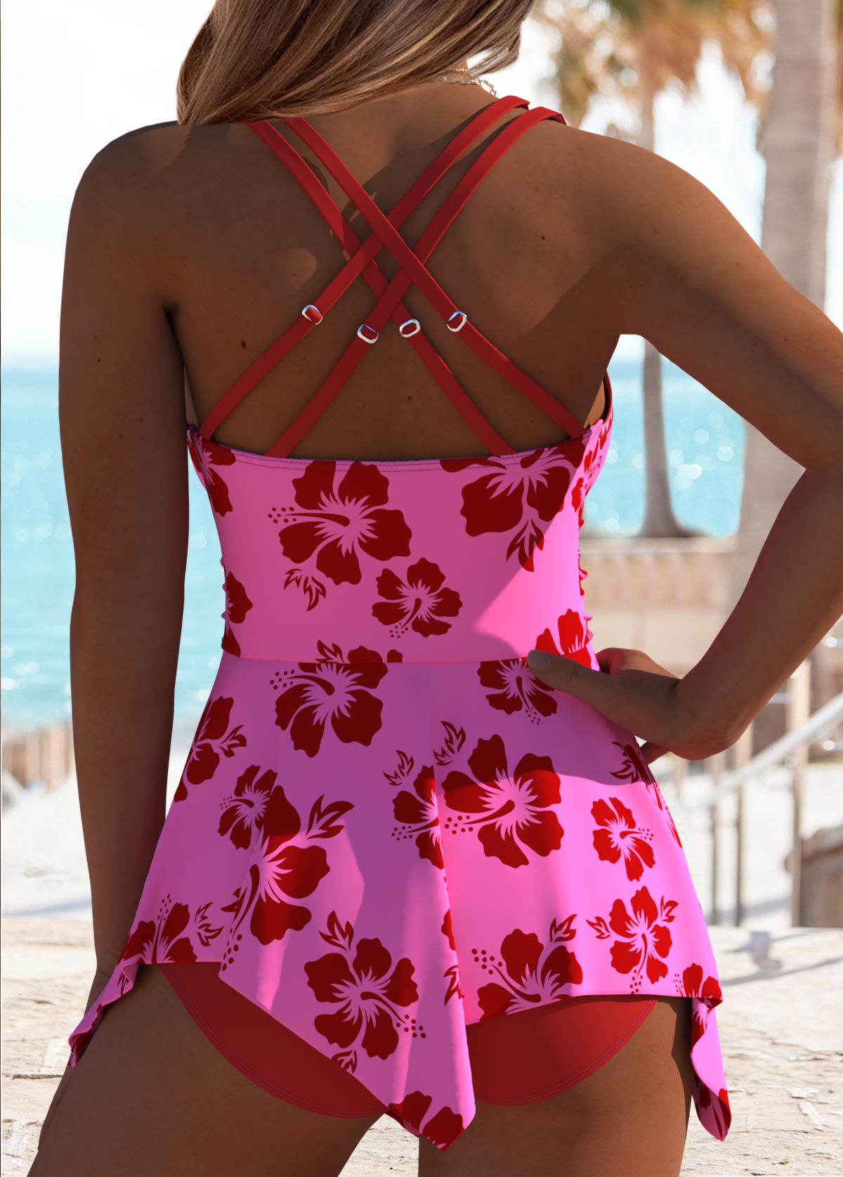 Deep Red swimwear,Pink swimwear,Floral swimwear,Plants swimwear,ROTITA Surplice Deep Red Floral Print Swimdress and Panty