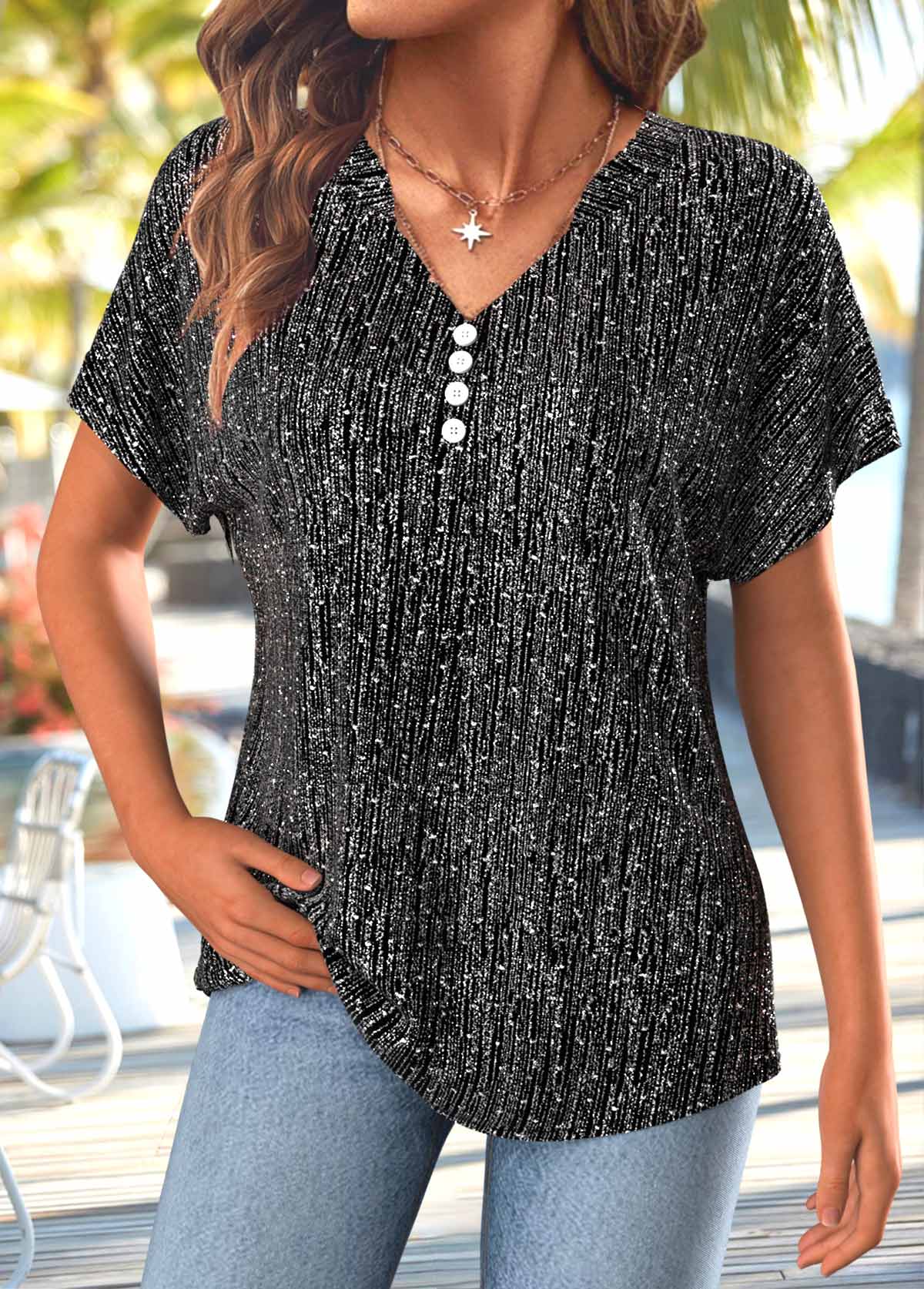 Black tops,Plain Color tops,ROTITA Button Black Split Neck Short Sleeve T Shirt
