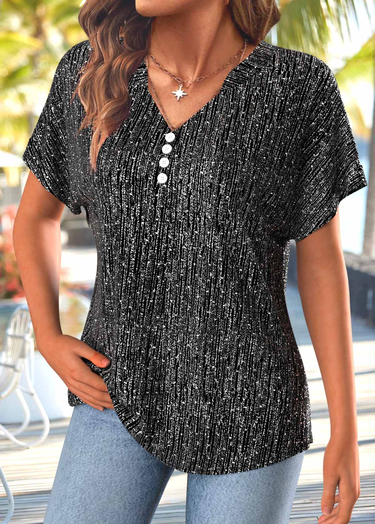 Black tops,Plain Color tops,ROTITA Button Black Split Neck Short Sleeve T Shirt
