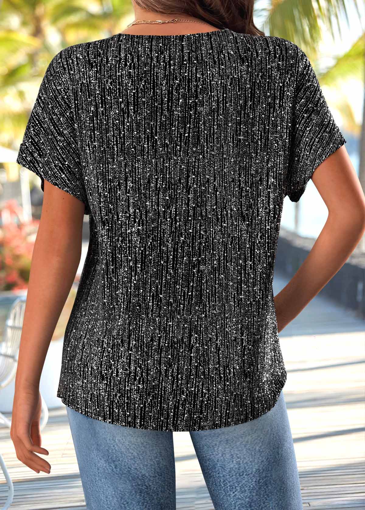 Black tops,Plain Color tops,ROTITA Button Black Split Neck Short Sleeve T Shirt