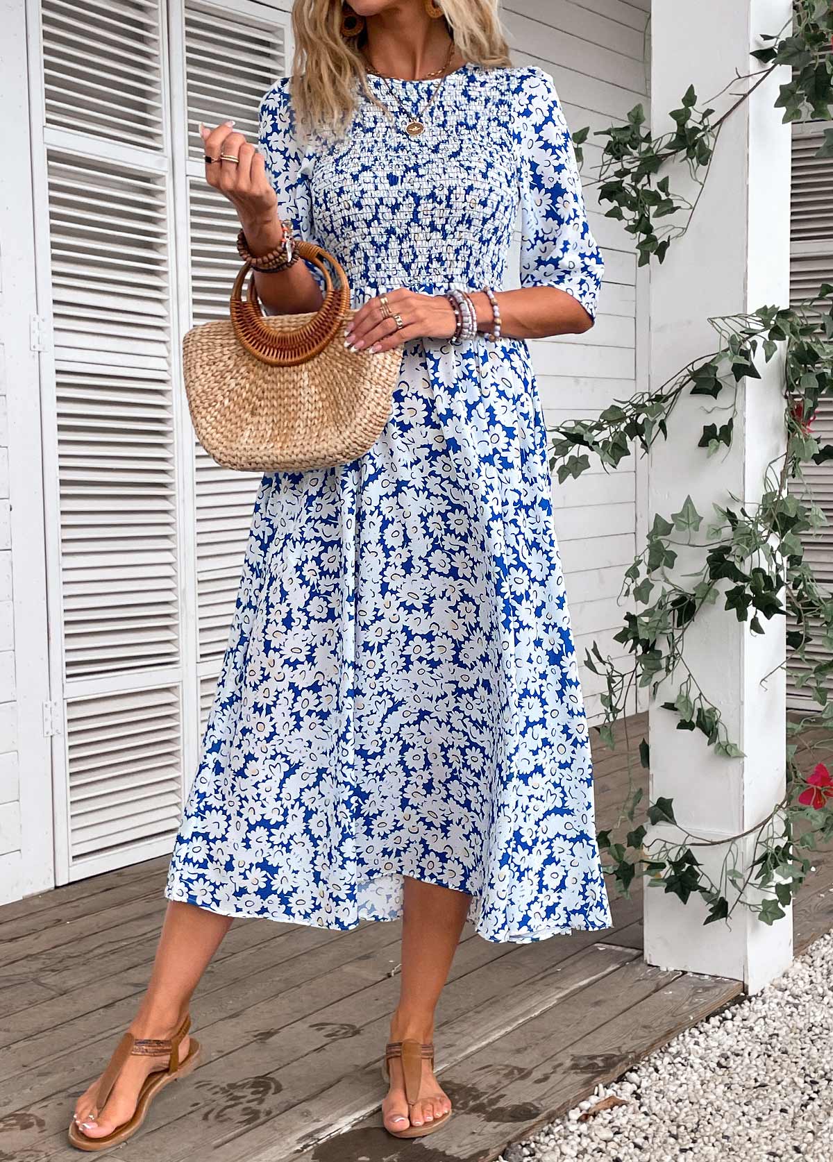 Blue plus size,White plus size,Ditsy Floral plus size,ROTITA Plus Size Smocked Blue Ditsy Floral Print Dress