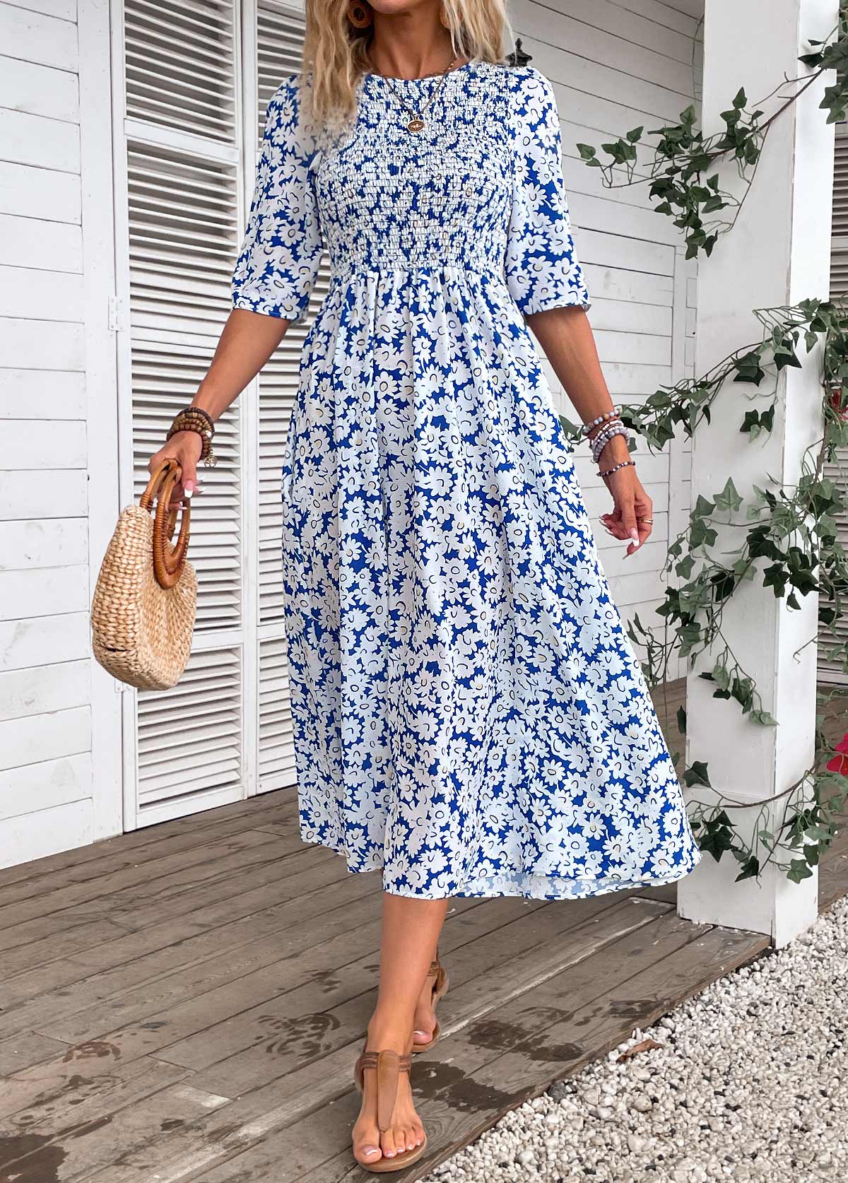 Blue plus size,White plus size,Ditsy Floral plus size,ROTITA Plus Size Smocked Blue Ditsy Floral Print Dress