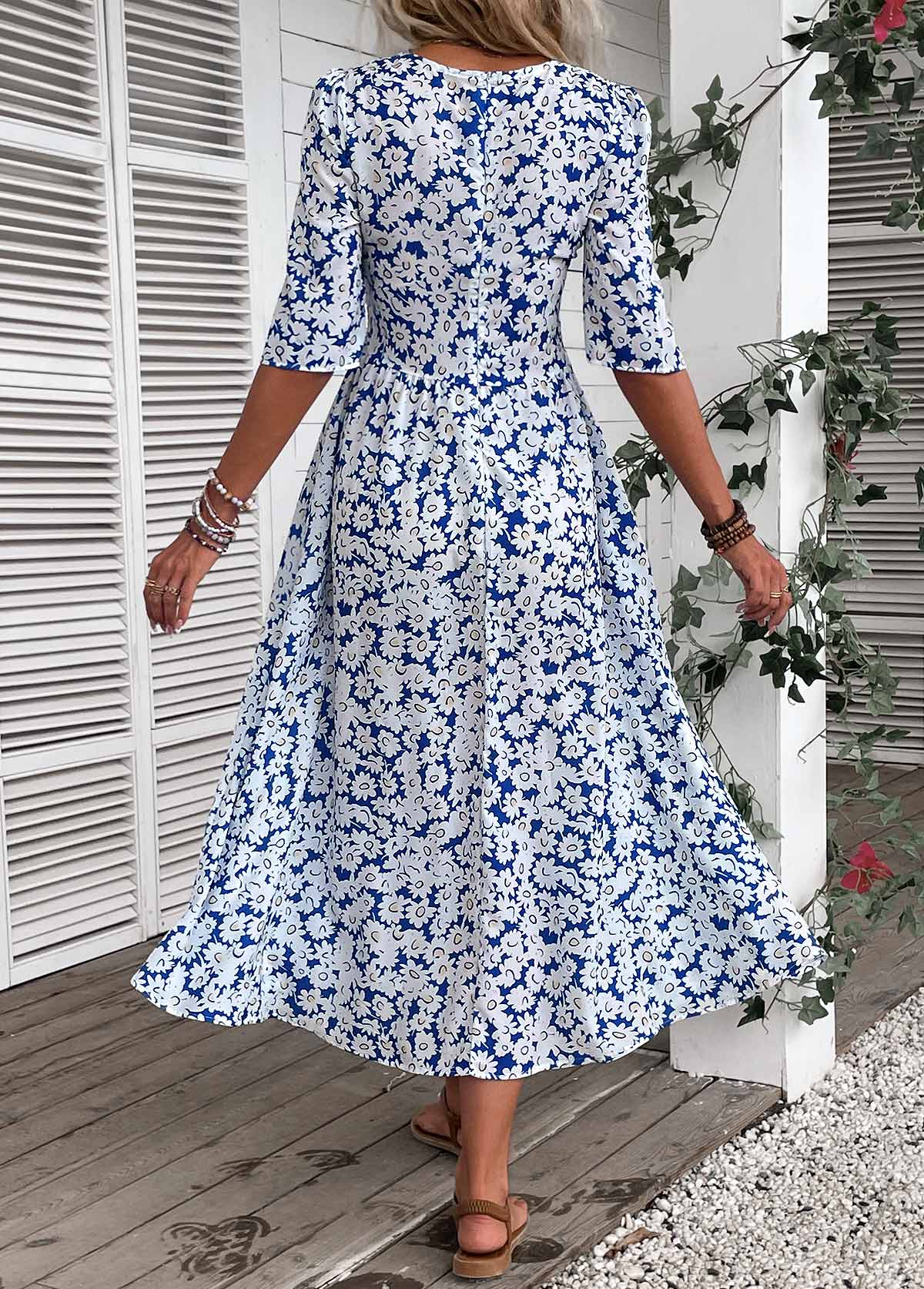 Blue plus size,White plus size,Ditsy Floral plus size,ROTITA Plus Size Smocked Blue Ditsy Floral Print Dress
