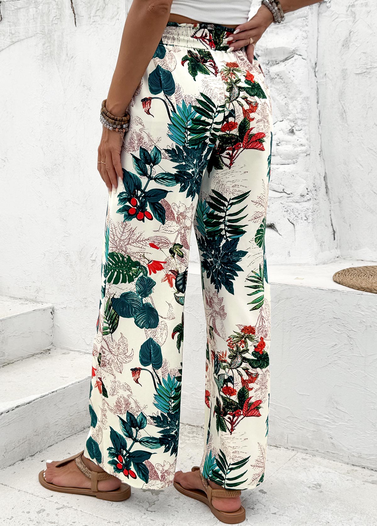 Blackish Green bottoms,Plants bottoms,Plants Print Blackish Green Wide Leg Elastic Waist Pants