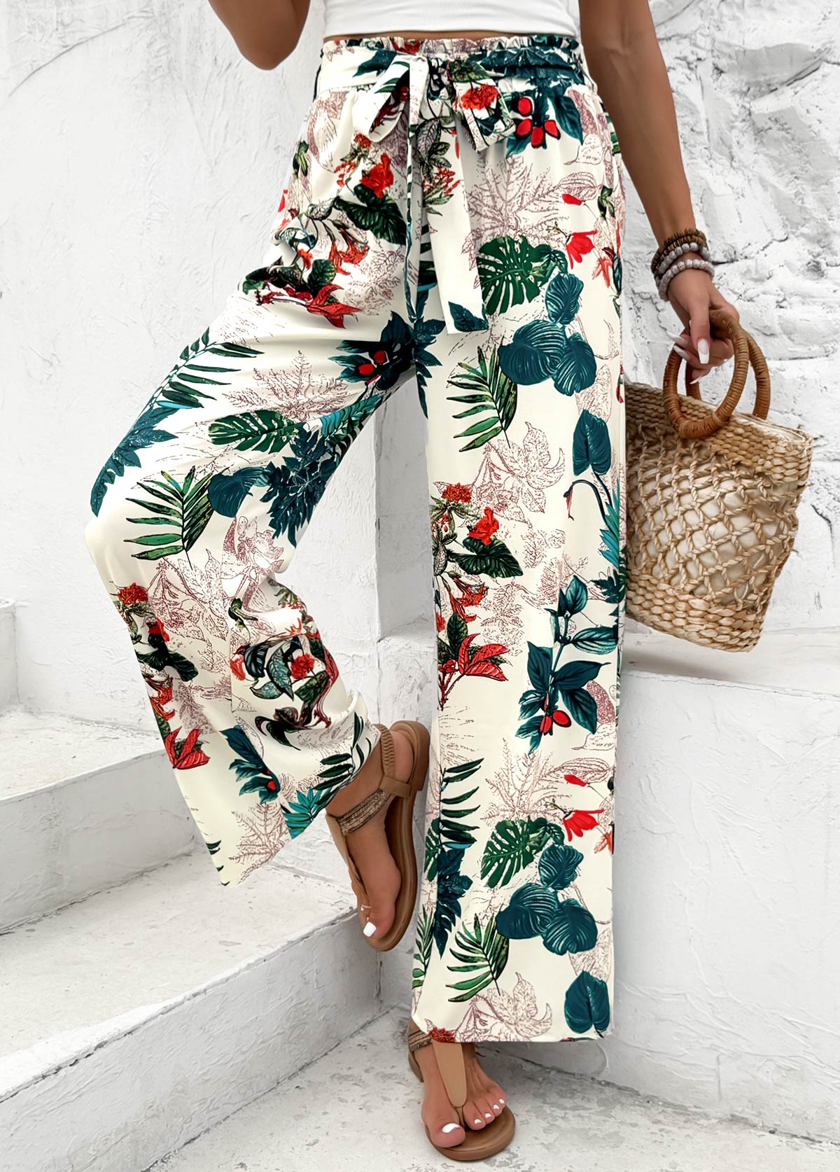 Blackish Green bottoms,Plants bottoms,Plants Print Blackish Green Wide Leg Elastic Waist Pants