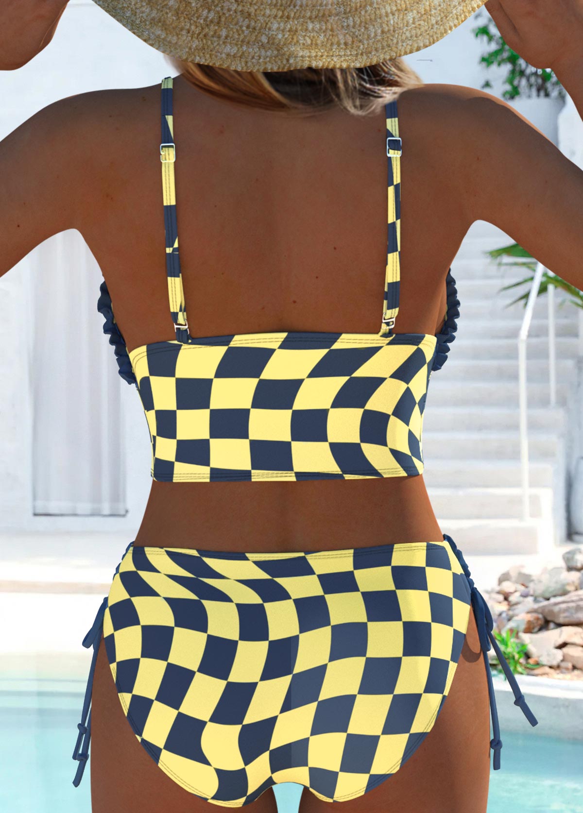 Light Yellow swimwear,Plaid swimwear,Geometric swimwear,ROTITA Two Piece Light Yellow Plaid Mid Waisted Bikini Set