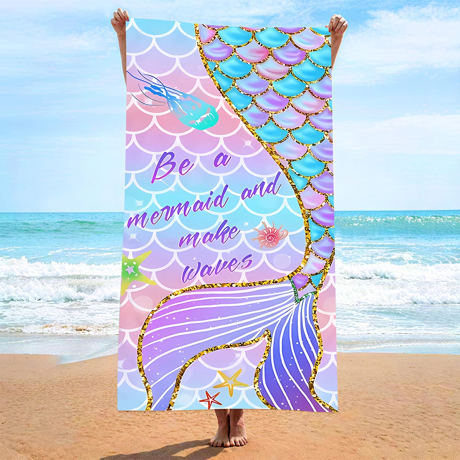 Marine Life Print Light Purple Beach Blanket