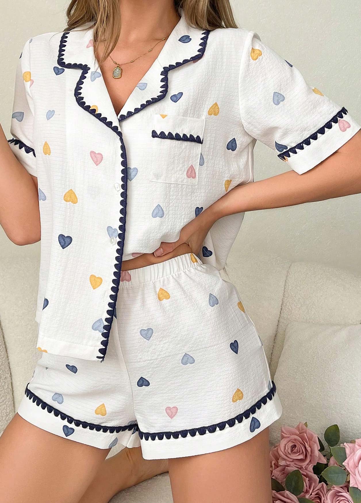 White loungewear,Heart loungewear,Heart Print White Short Sleeve Lounge Top and Shorts