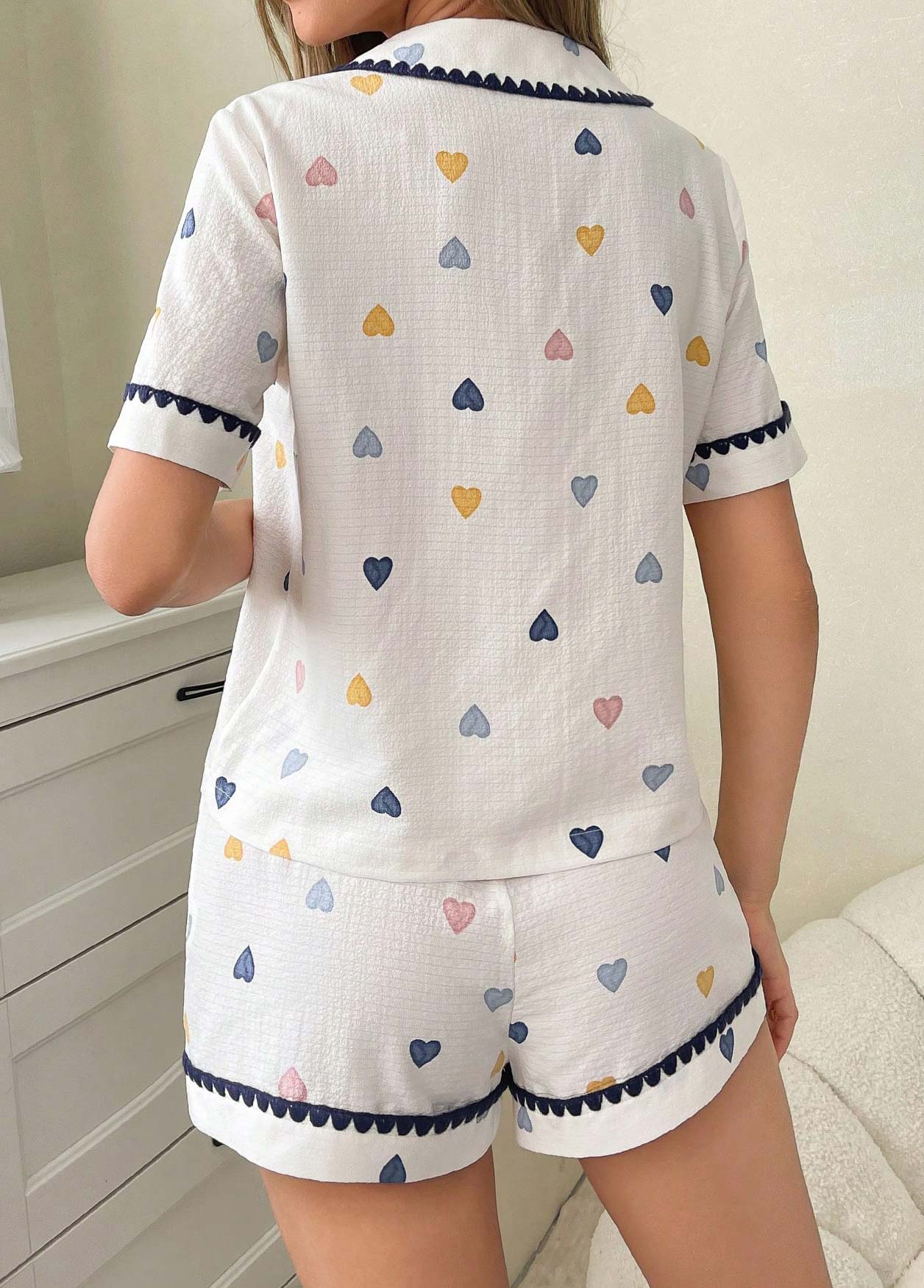 White loungewear,Heart loungewear,Heart Print White Short Sleeve Lounge Top and Shorts