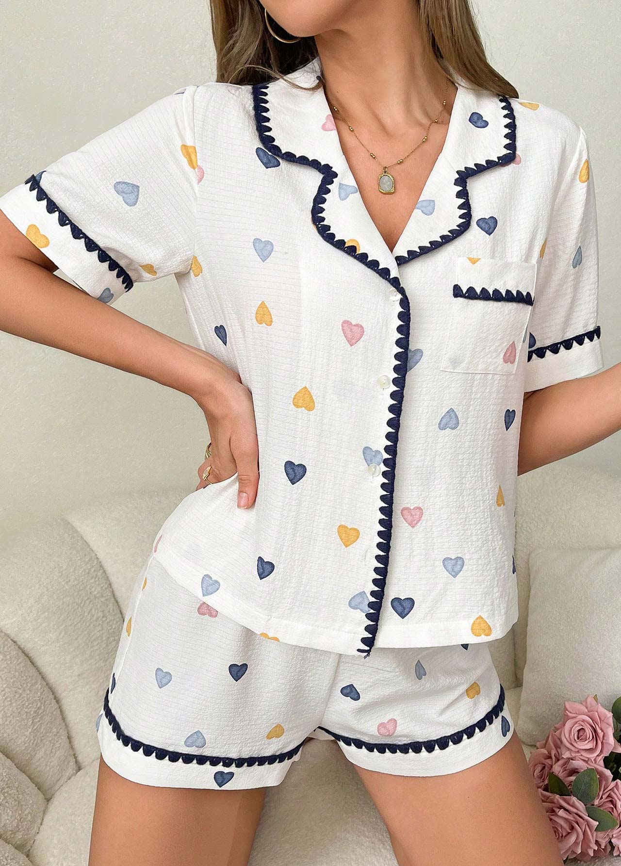 White loungewear,Heart loungewear,Heart Print White Short Sleeve Lounge Top and Shorts
