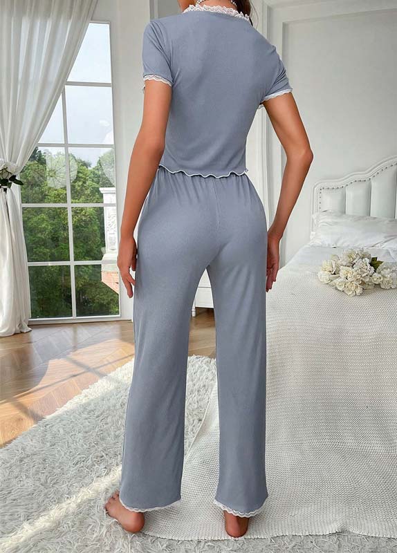staubblaues Lounge-Top und Hose mit Rundhalsausschnitt