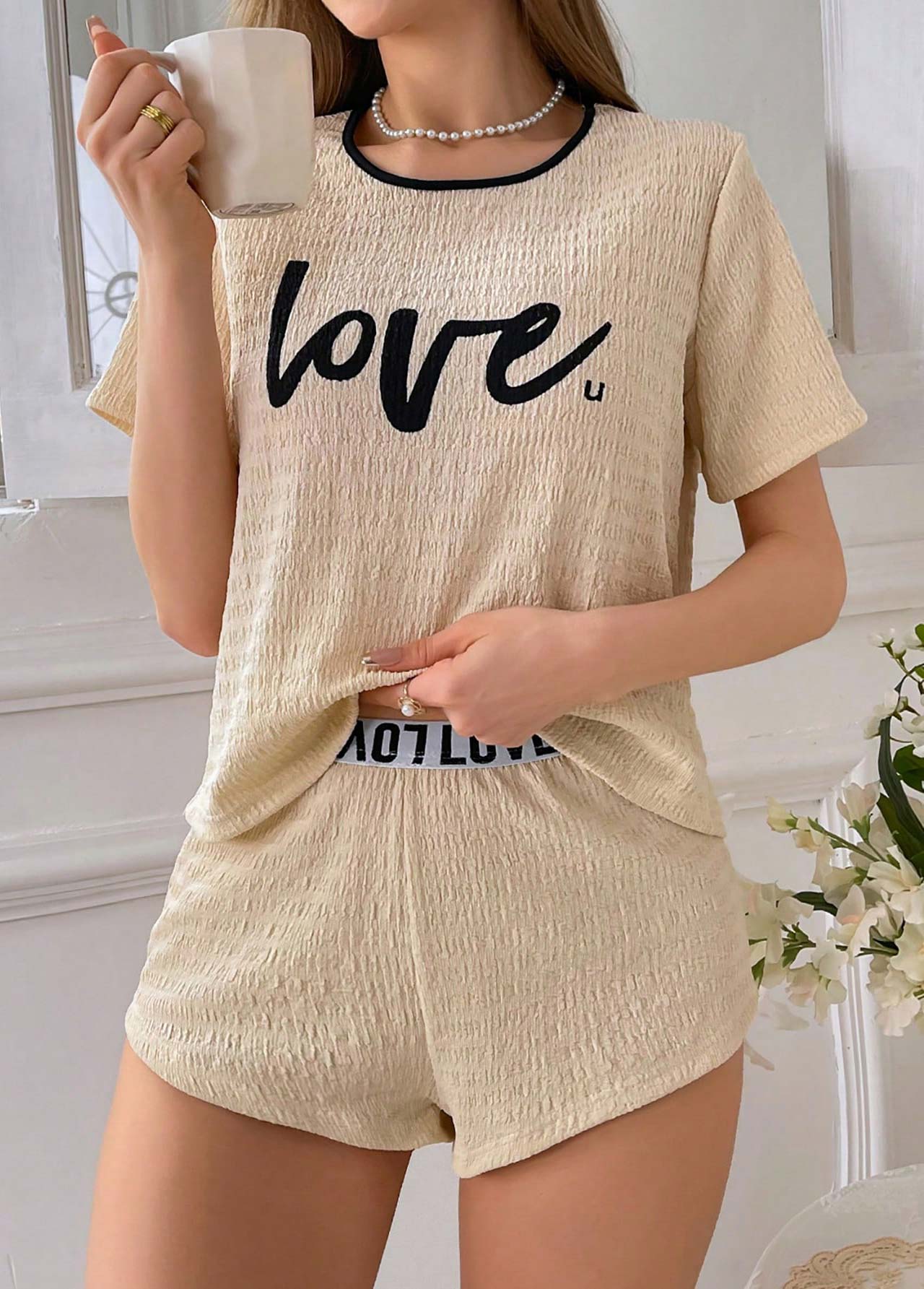 Light Camel loungewear,Letter loungewear,Letter Print Light Camel Lounge Top and Shorts