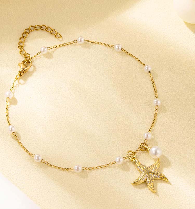 Starfish Pearl Golden Stainless Steel Anklet